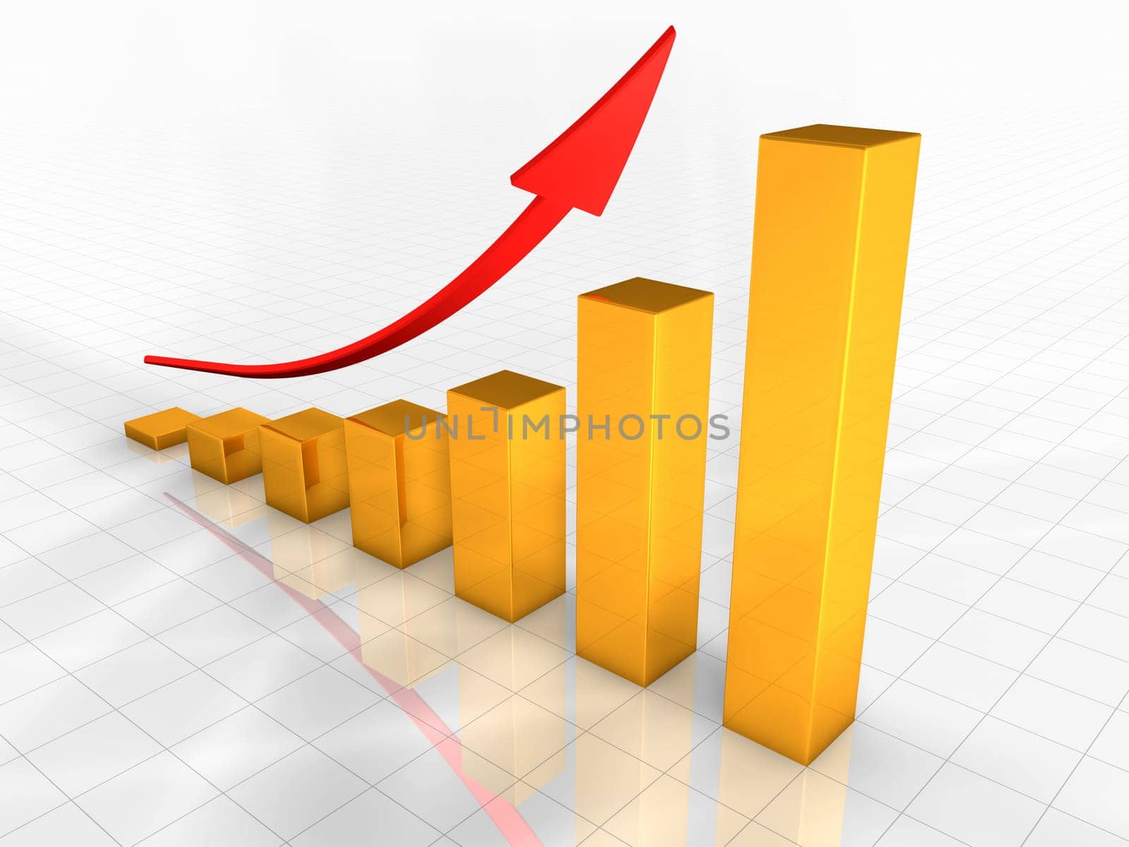 Growing gold graph with a red arrow pointing upward