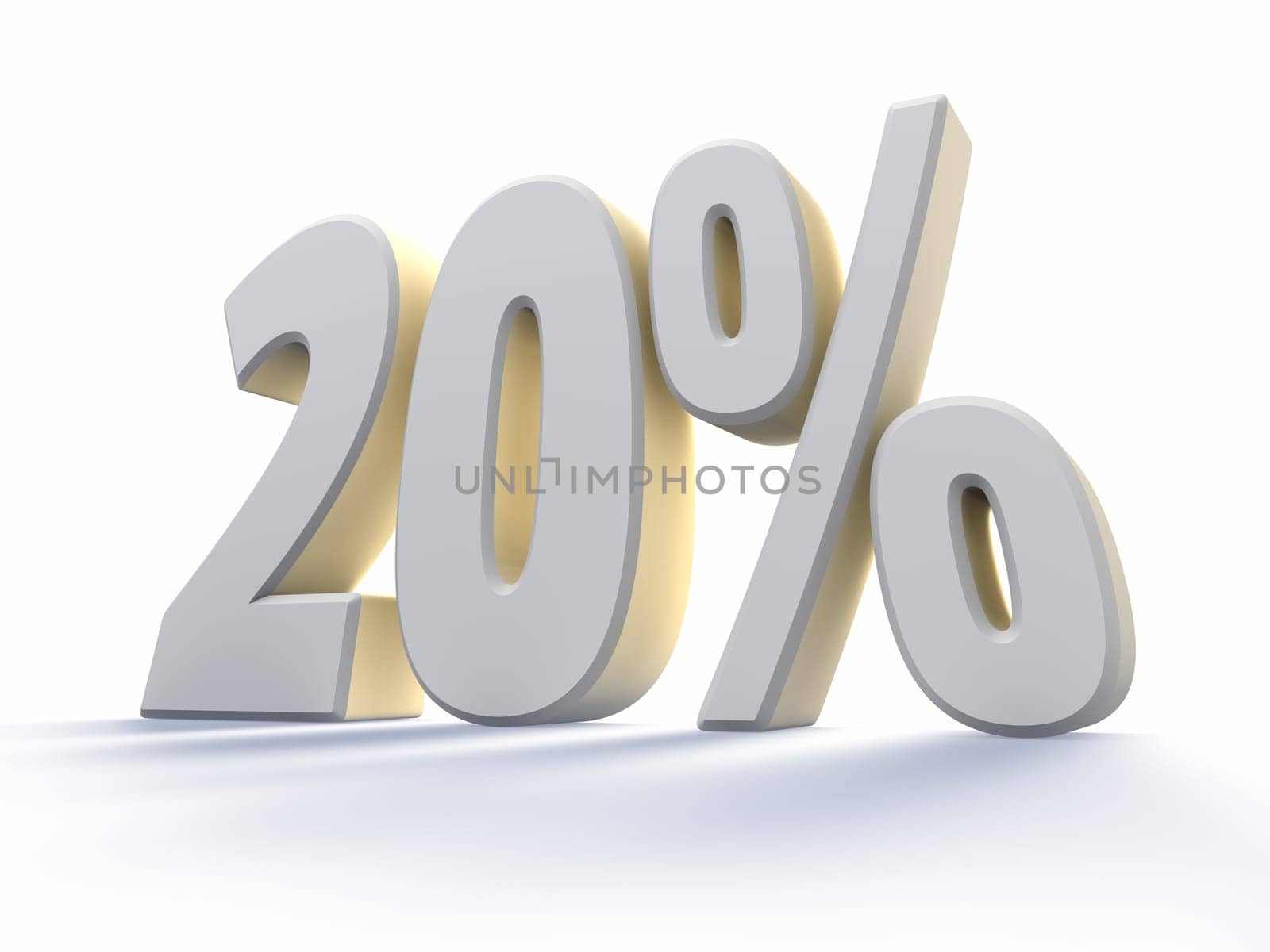 Twenty percent, large white number with backlit, isolated on white background. 20%