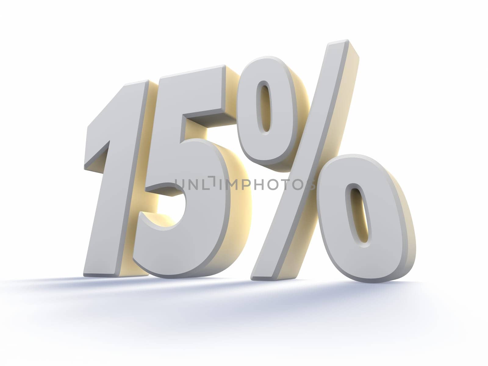 Fifteen percent, large white number with backlit, isolated on white background. 15%