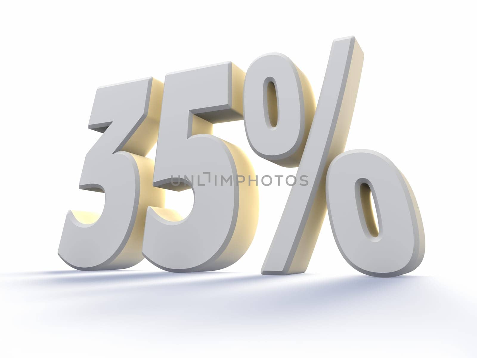 Thirty five percent, large white number with backlit, isolated on white background. 35%