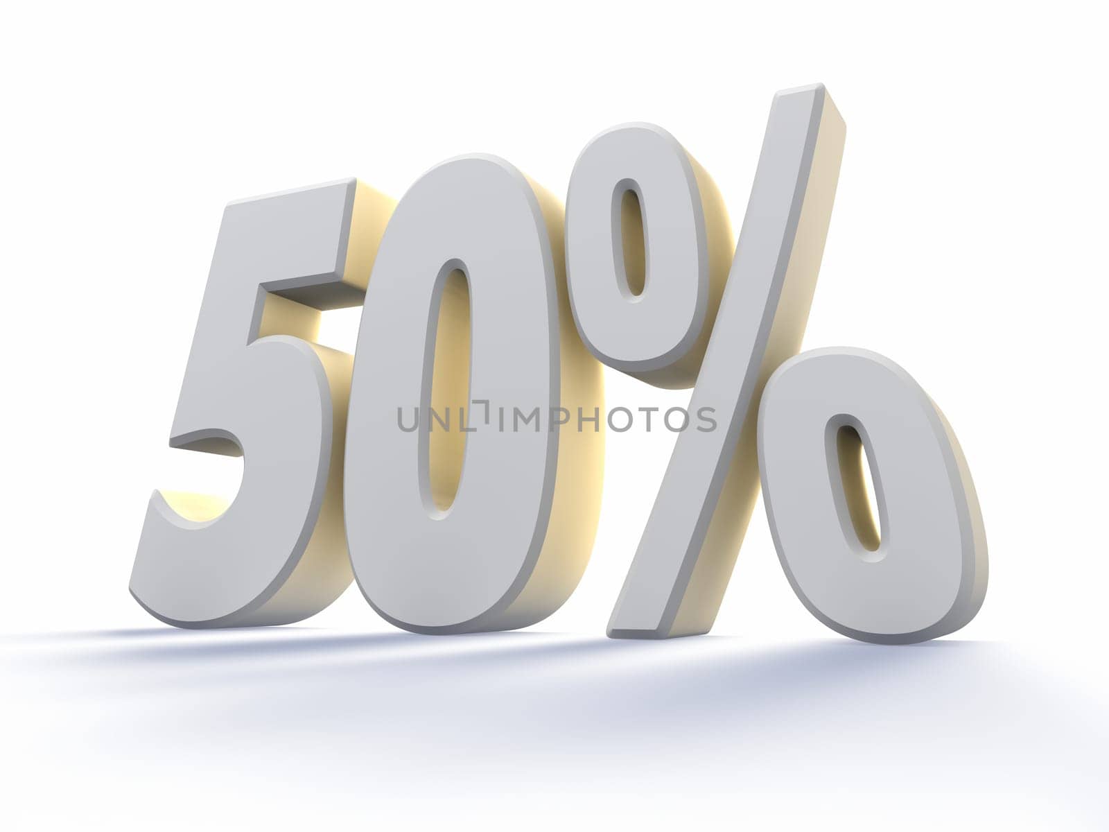 Fifty percent, large white number with backlit, isolated on white background. 50%