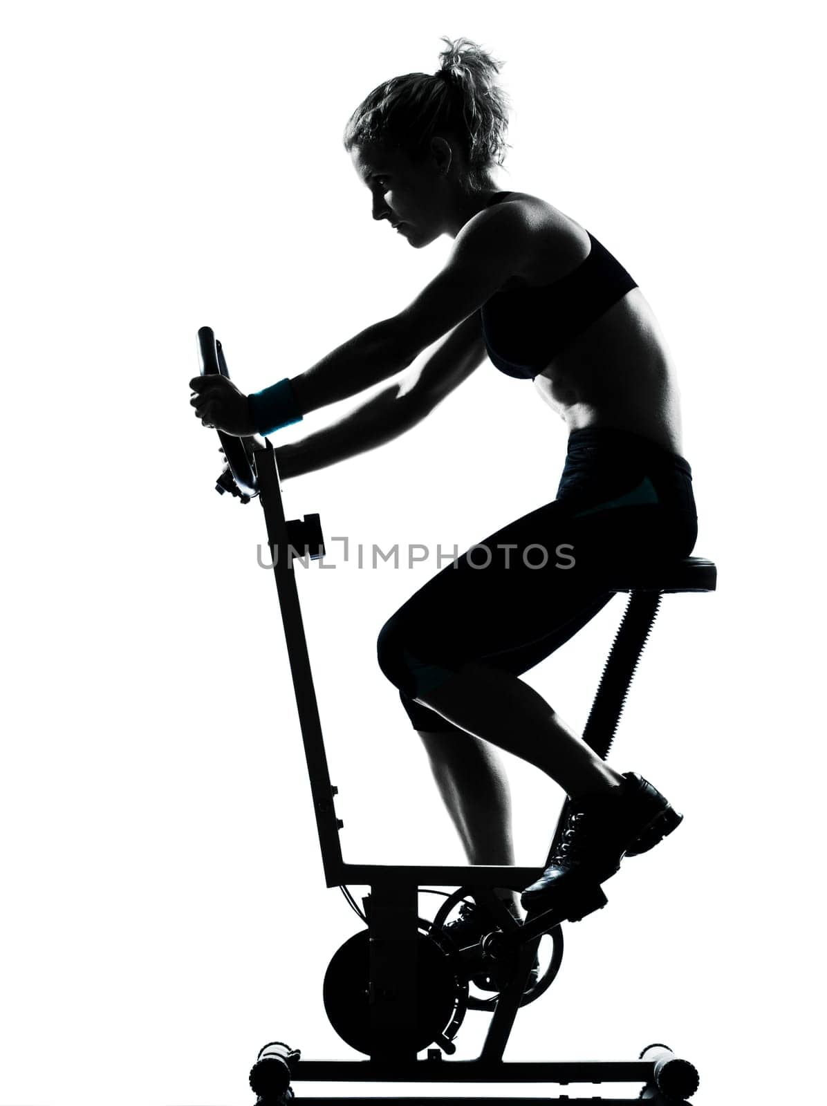 one woman biking exercising workout fitness aerobic exercise posture on studio isolated white background