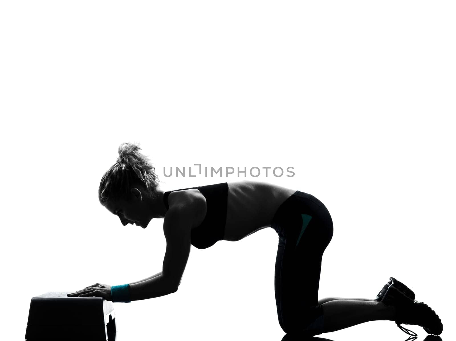 one woman exercising workout fitness aerobic exercise abdominals push ups posture on studio isolated white background