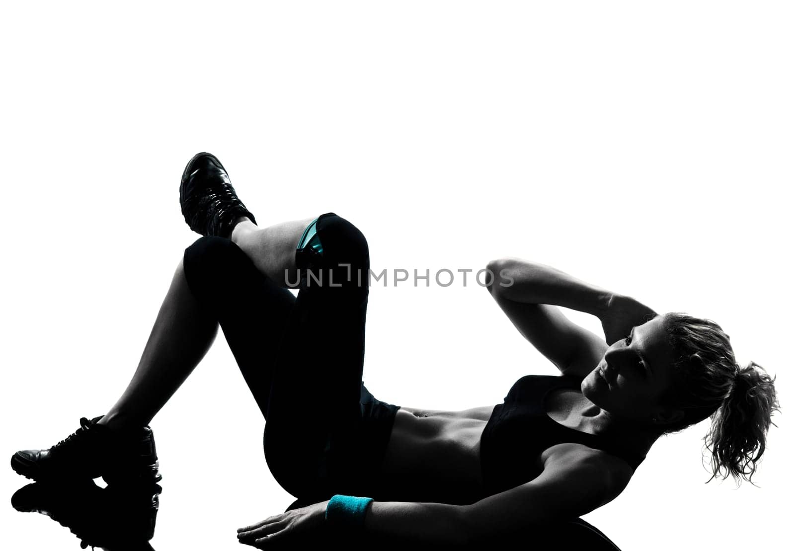 one woman exercising workout fitness aerobic exercise abdominals push ups posture on studio isolated white background