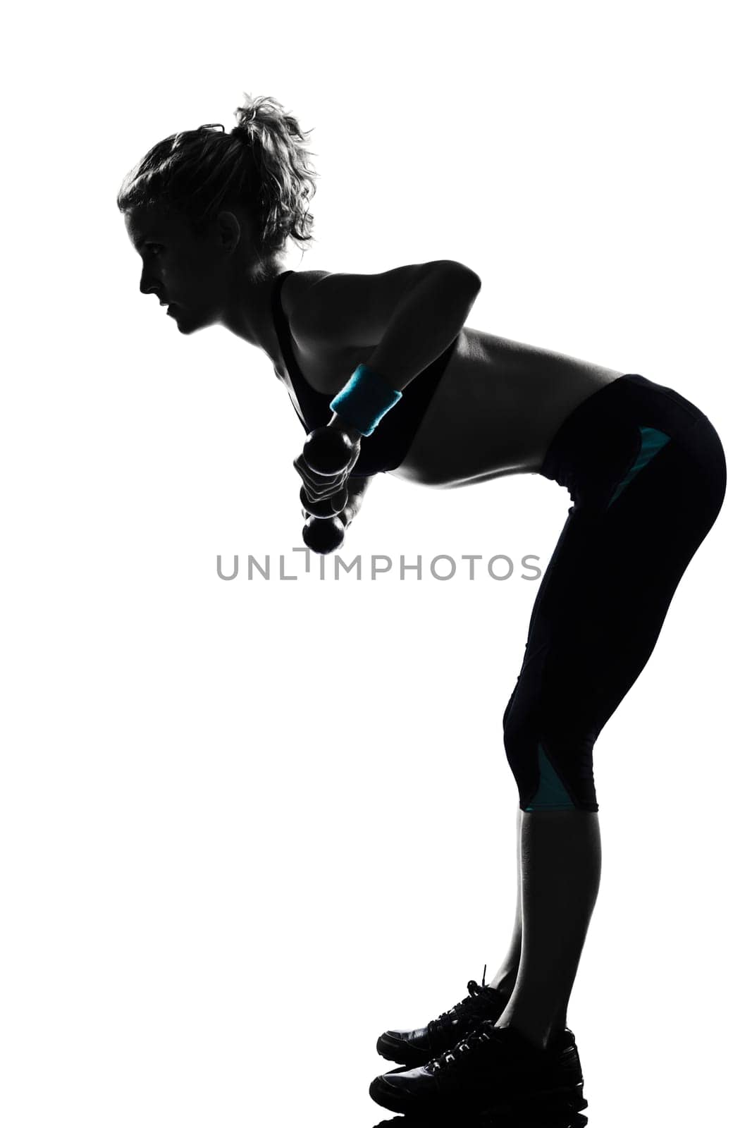 woman workout fitness posture body building weight training exercise exercising on studio isolated white background