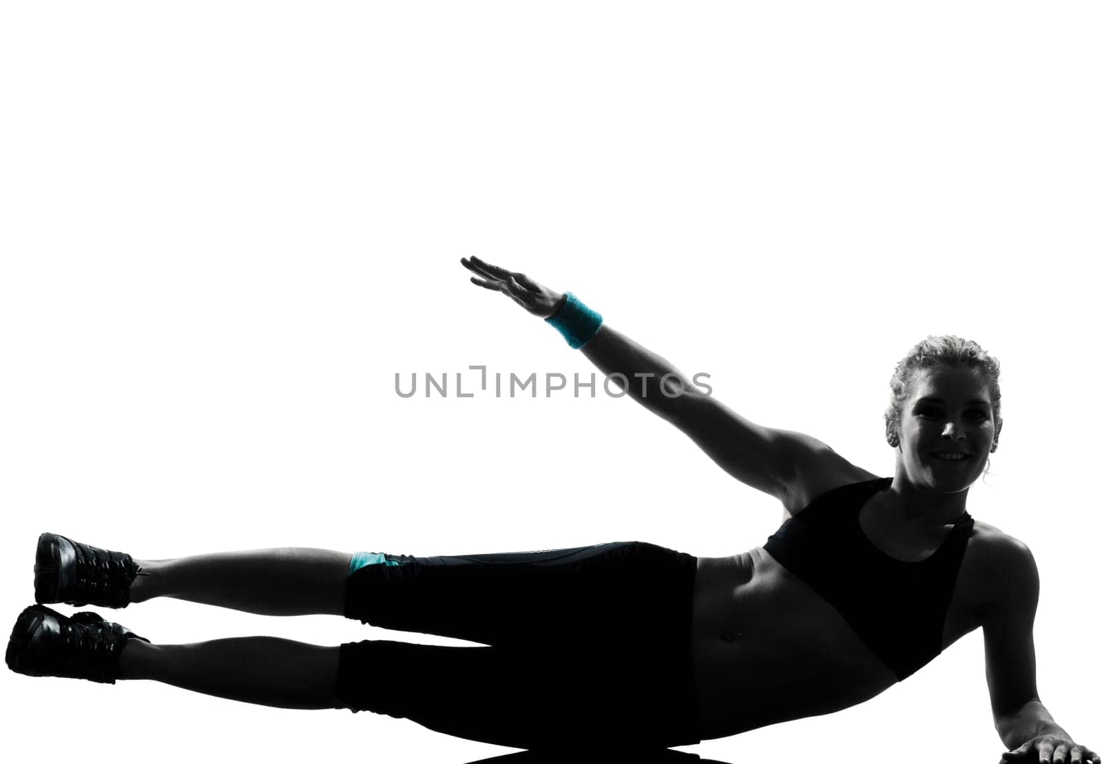 one woman exercising workout fitness aerobic exercise abdominals push ups posture on studio isolated white background