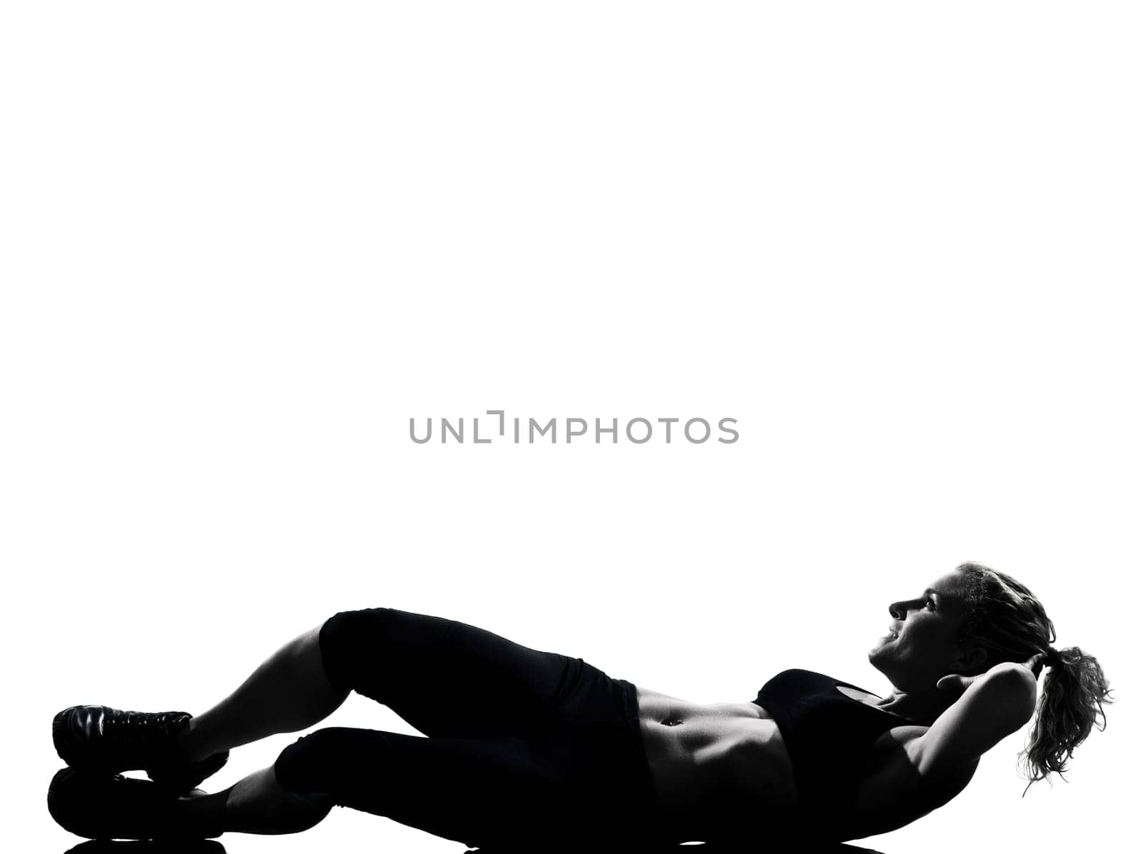 one woman exercising workout fitness aerobic exercise abdominals push ups posture on studio isolated white background