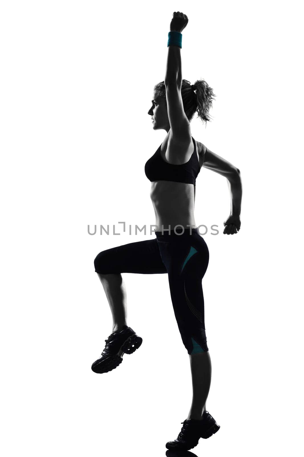 one woman exercising workout fitness aerobic exercise posture on studio isolated white background