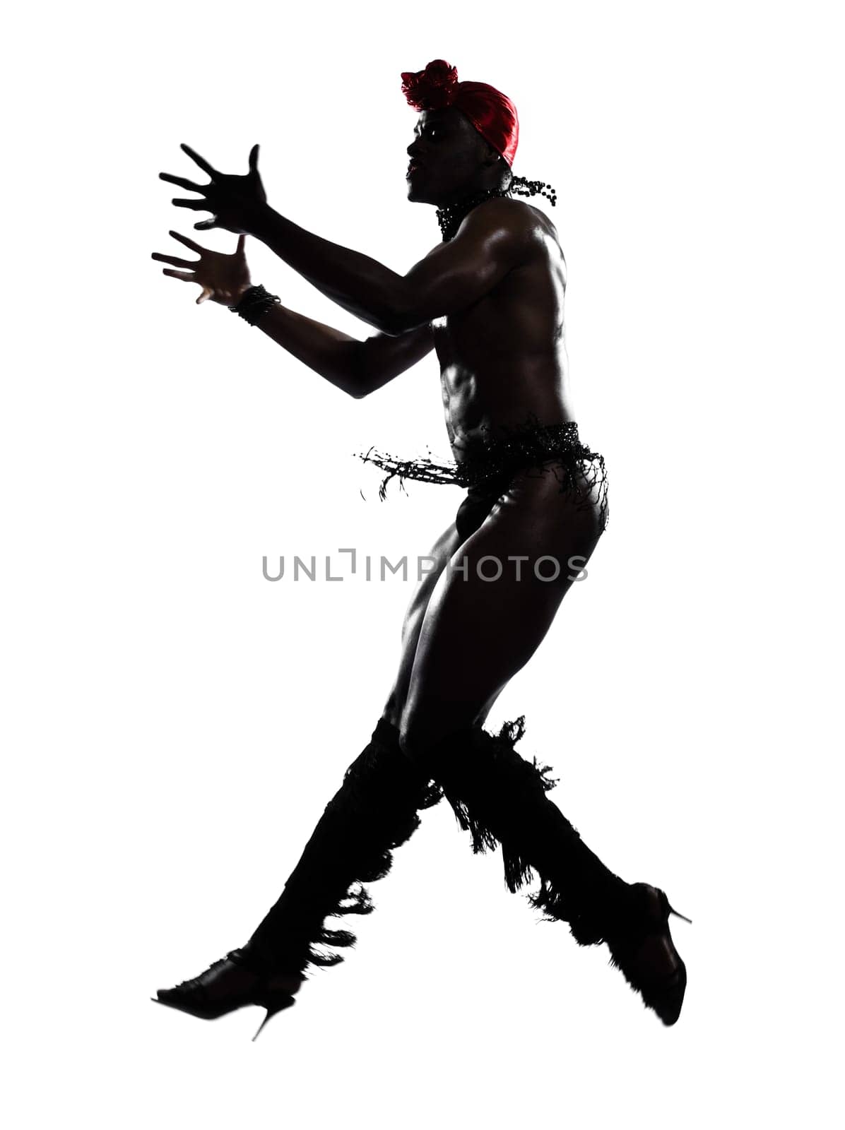 one  african man dancer dancing on studio isolated white background