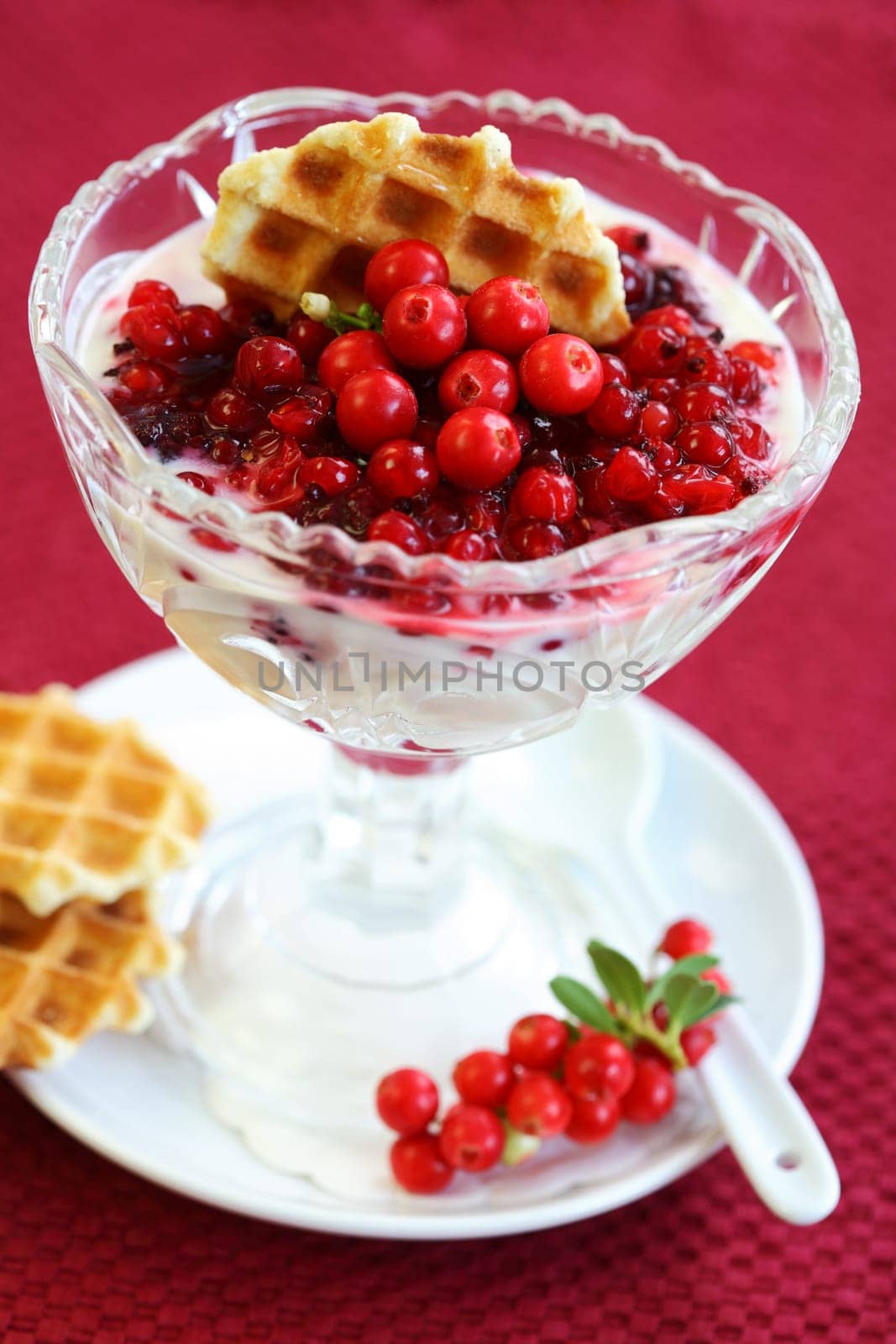 White yogurt with caramelized berries and honey waffle