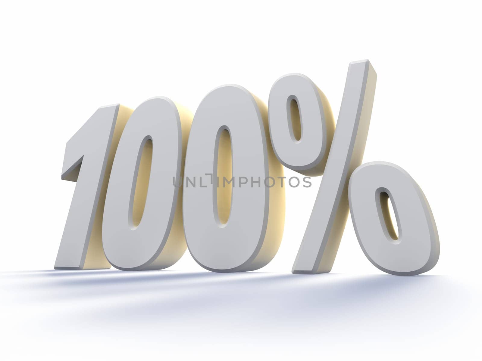 One hundred percent, large white number with backlit, isolated on white background. 100%