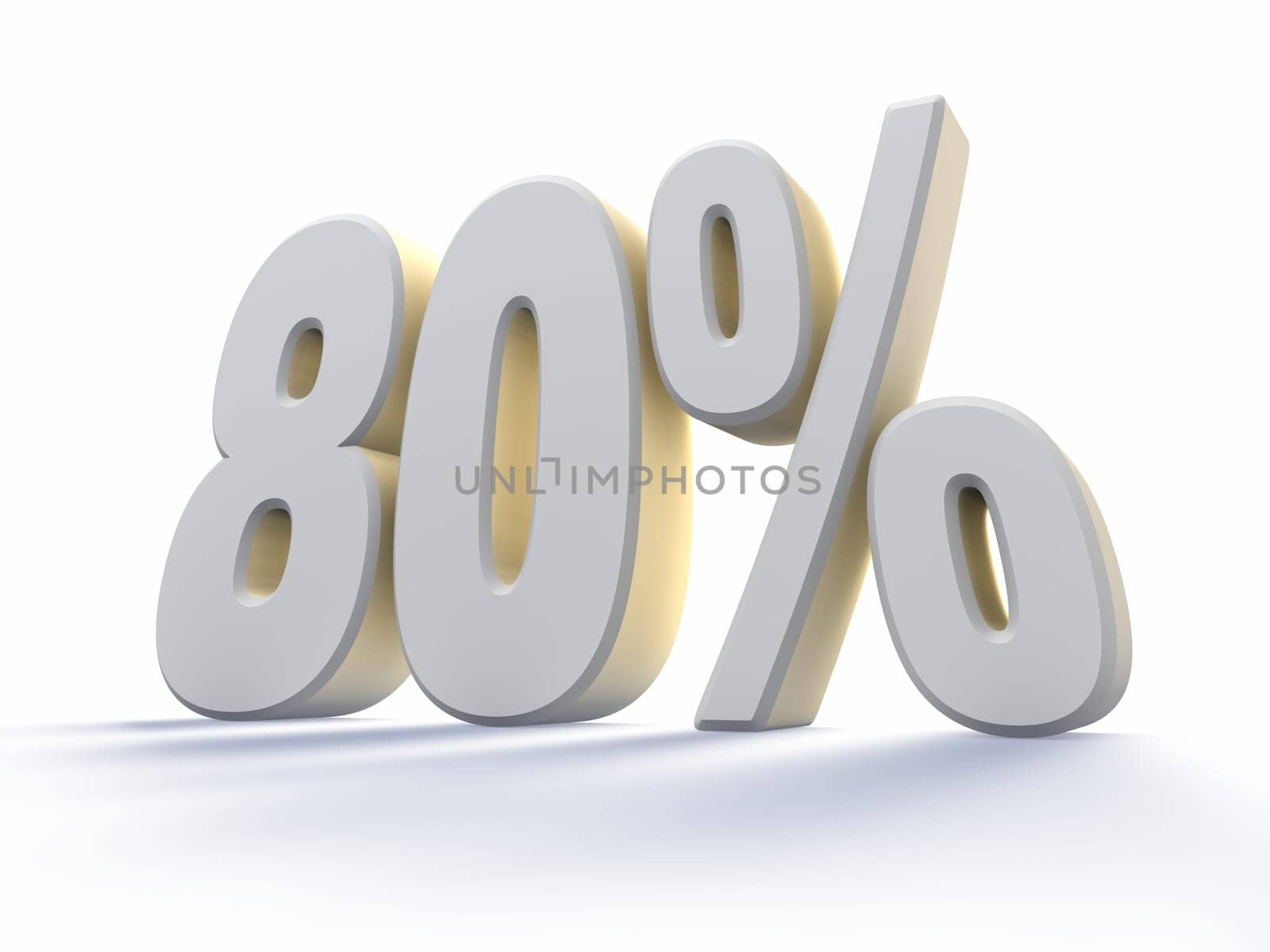 Eighty percent, large white number with backlit, isolated on white background. 80%