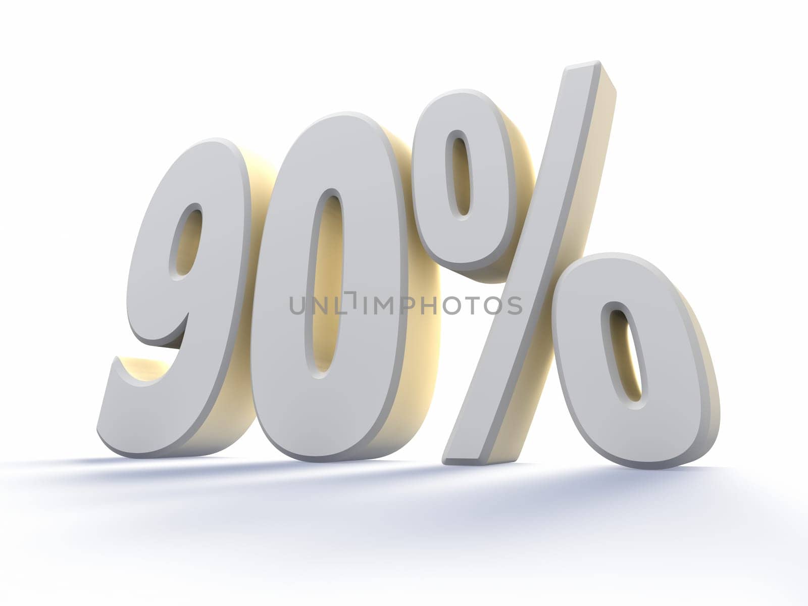 Ninety percent, large white number with backlit, isolated on white background. 90%
