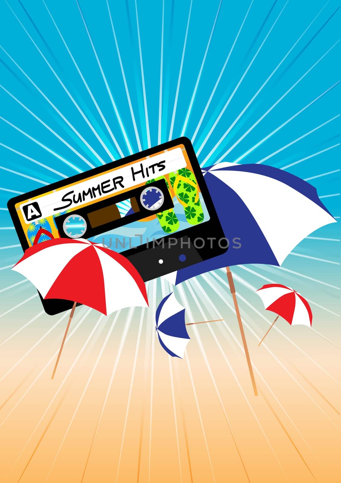 Summer Party Background - Sun Rays, Sky and Beach Umbrellas