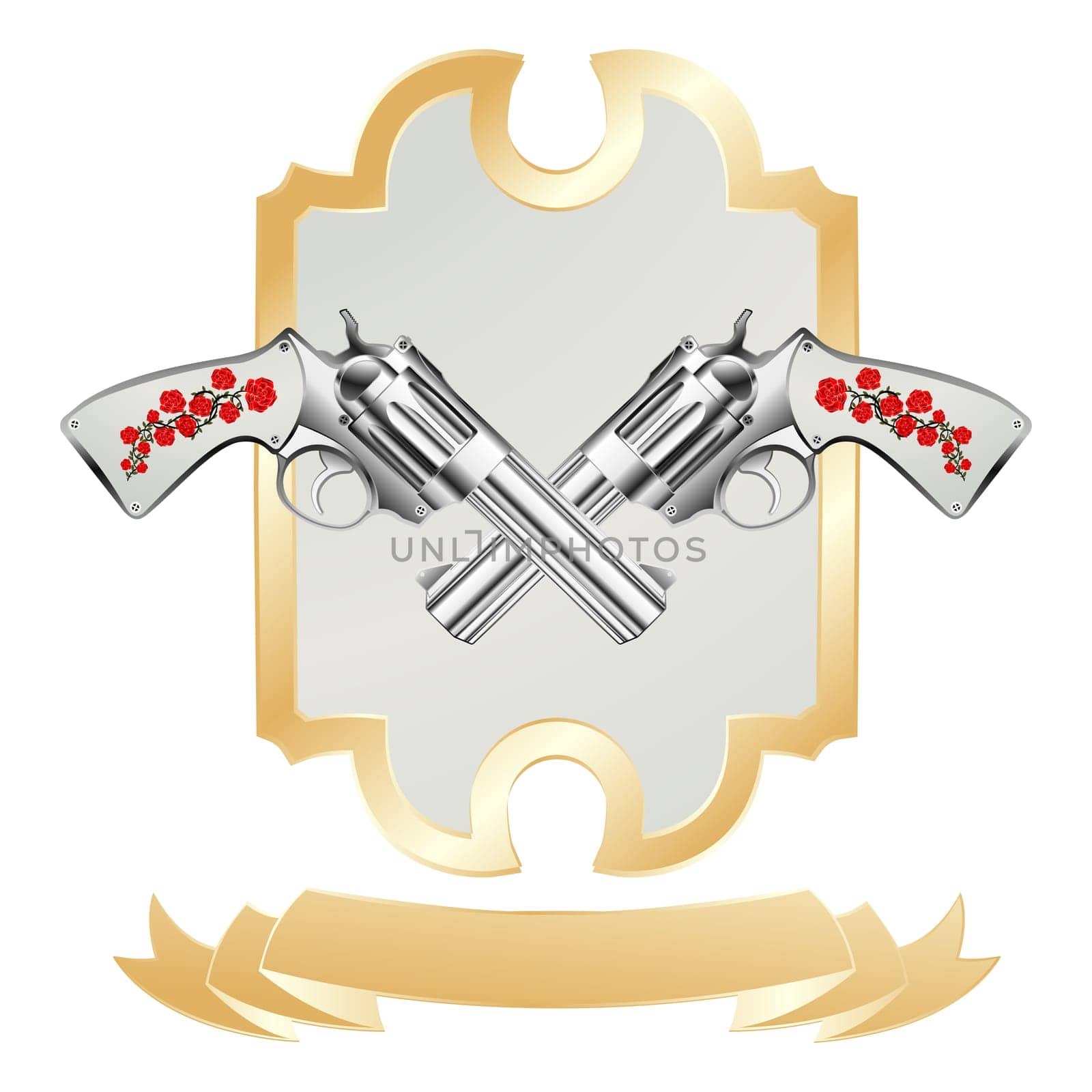 Vintage revolver and gold ribbon, framed illustration isolated on white background
