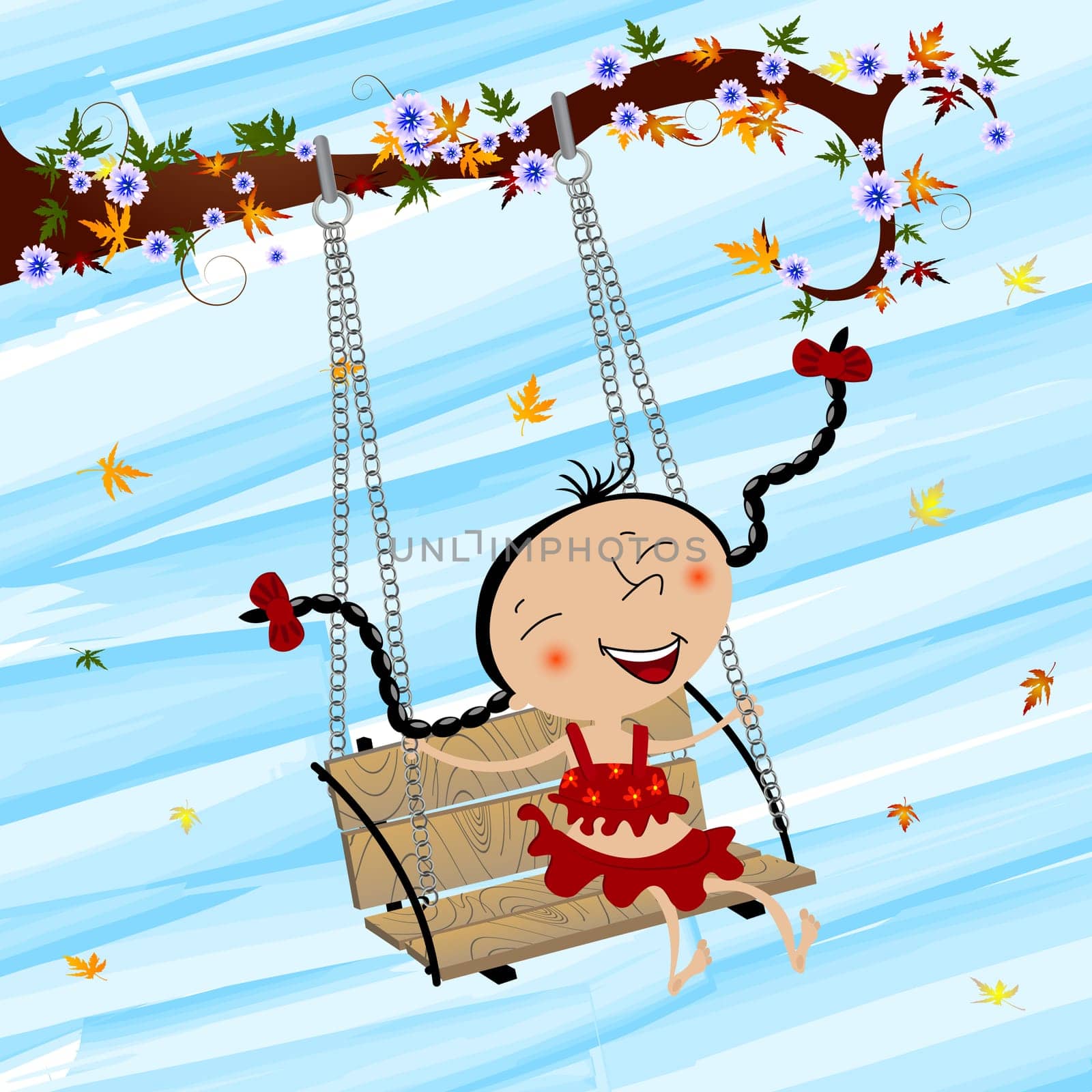 Image shows a happy girl swinging and having fun