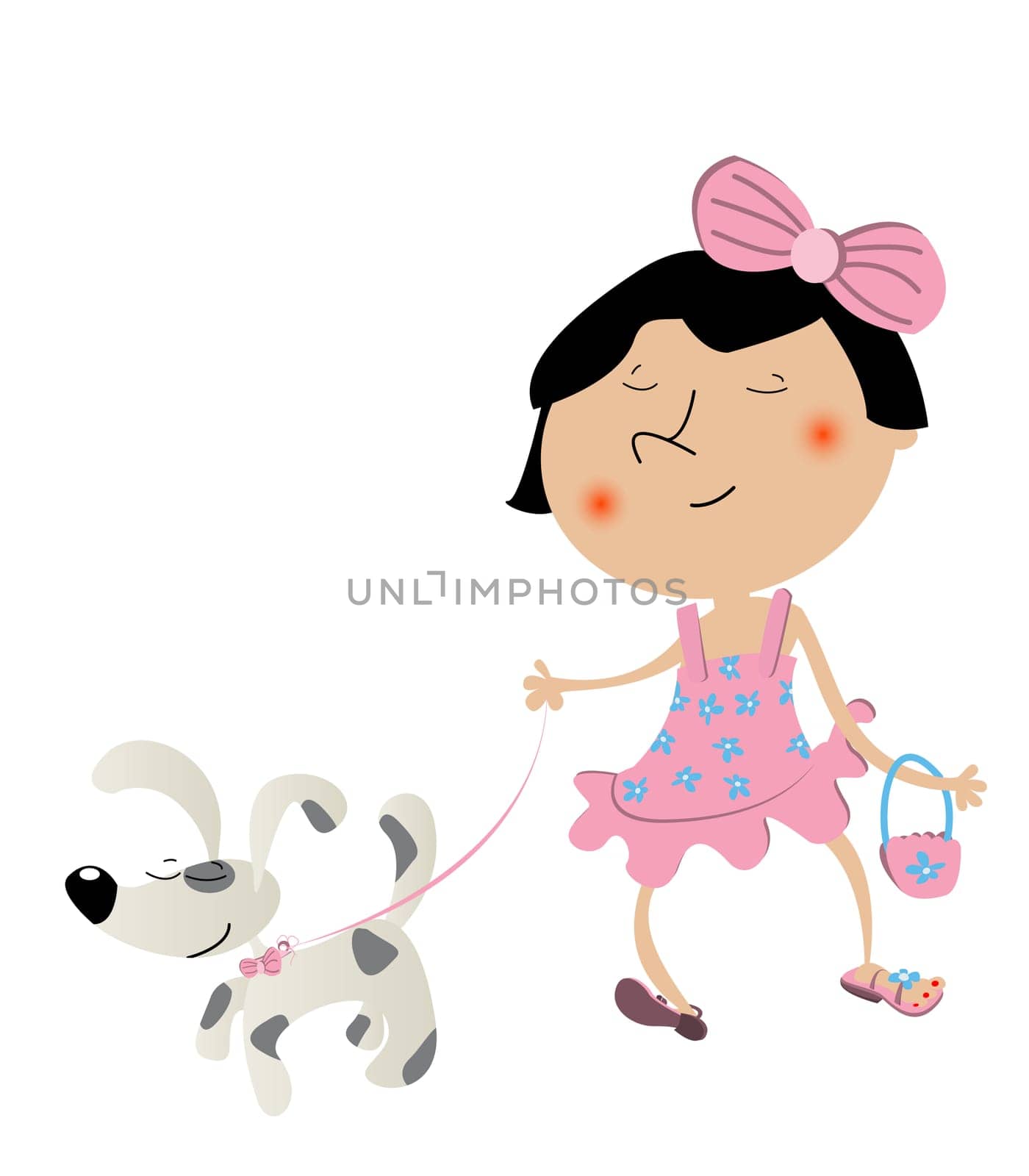 Fancy cute little girl walking the dog and wearing her brand new dress.