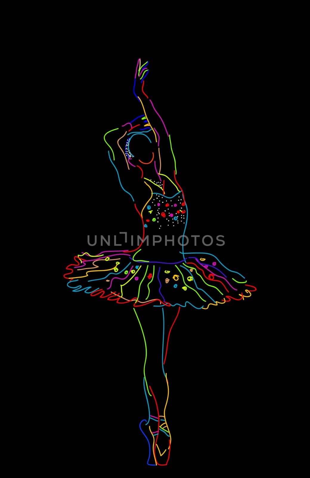 Stylized sketch of a ballerina, isolated objects over black background