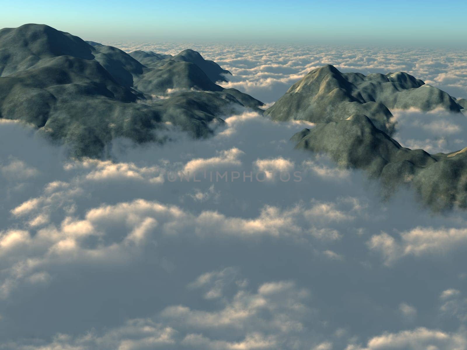 Illustration of mountain tops piercing through a thick layer of clouds
