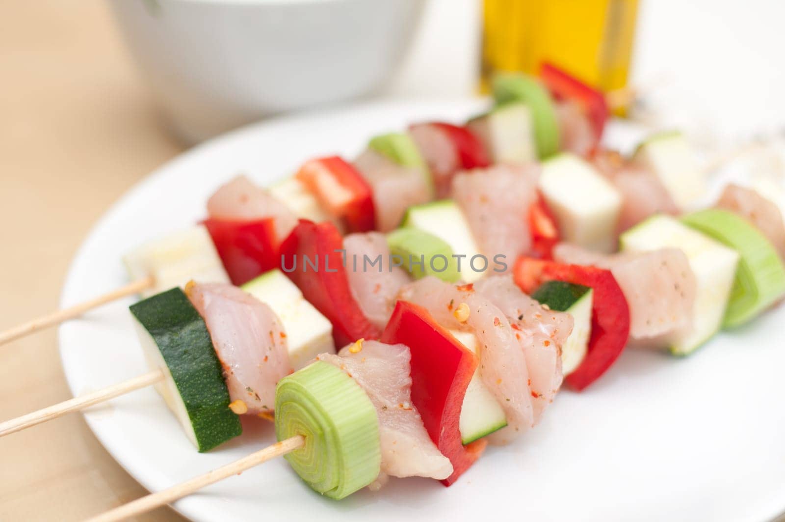 Preparation of shish kebab - Skewer With Chicken Meat, Peppar, Zucchini and Leek
