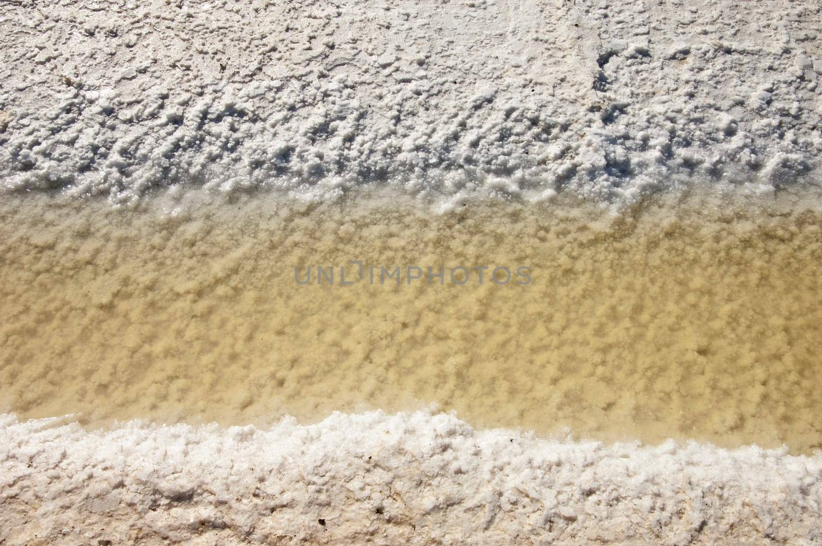 Crystallized salt in an evaporation pond, Algarve, Portugal