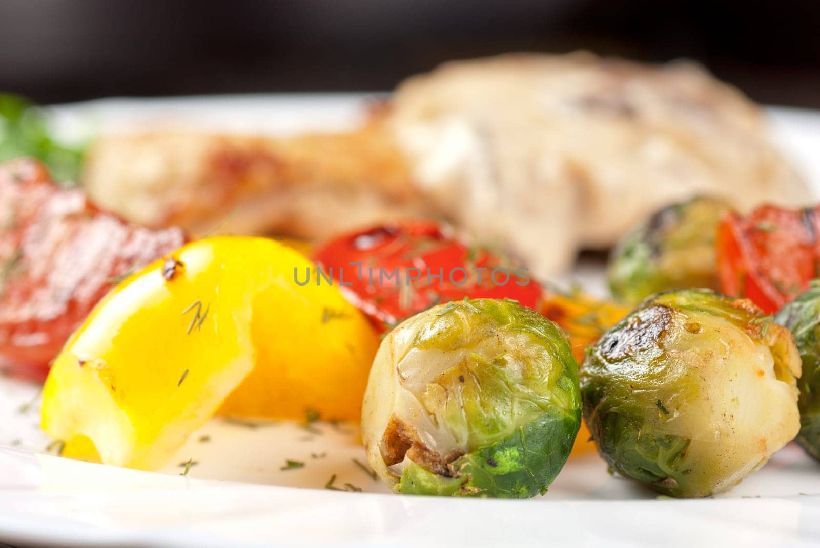 pork steak with mushroom sauce and grilled vegetables