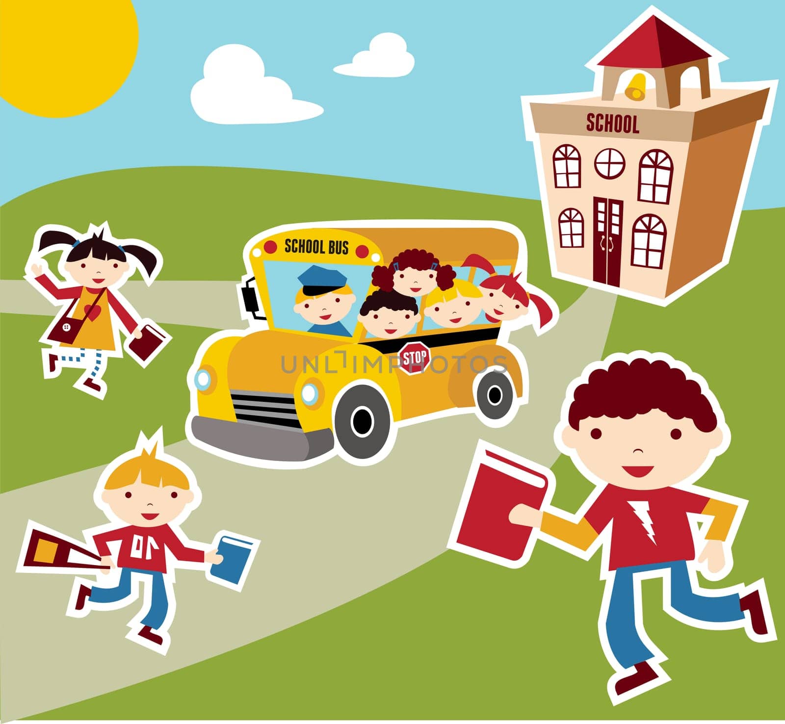 Back to school concept illustration background. Bus, children and school facade composition.