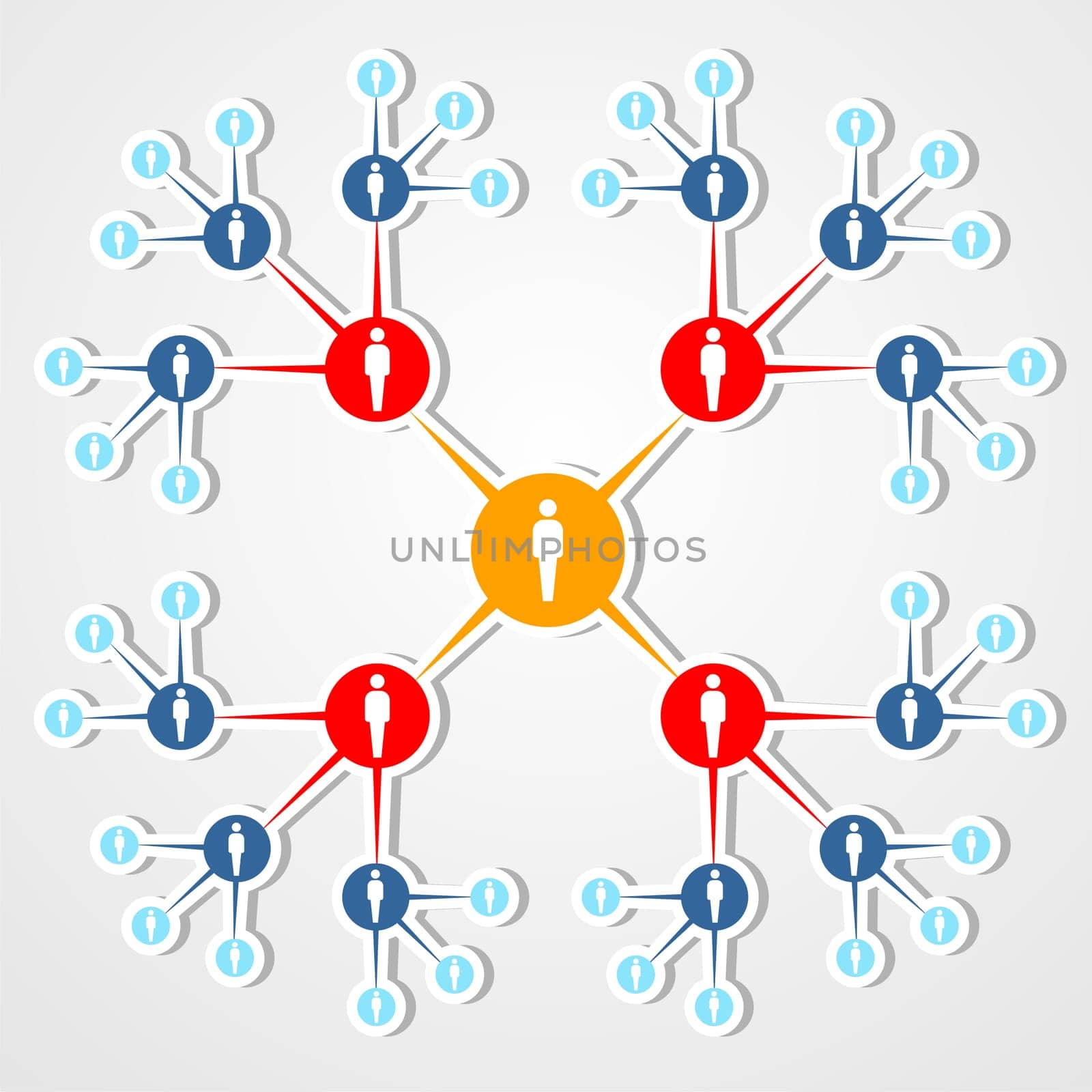 Social Web marketing relationship diagram. People silhouettes conected to each other over white background.