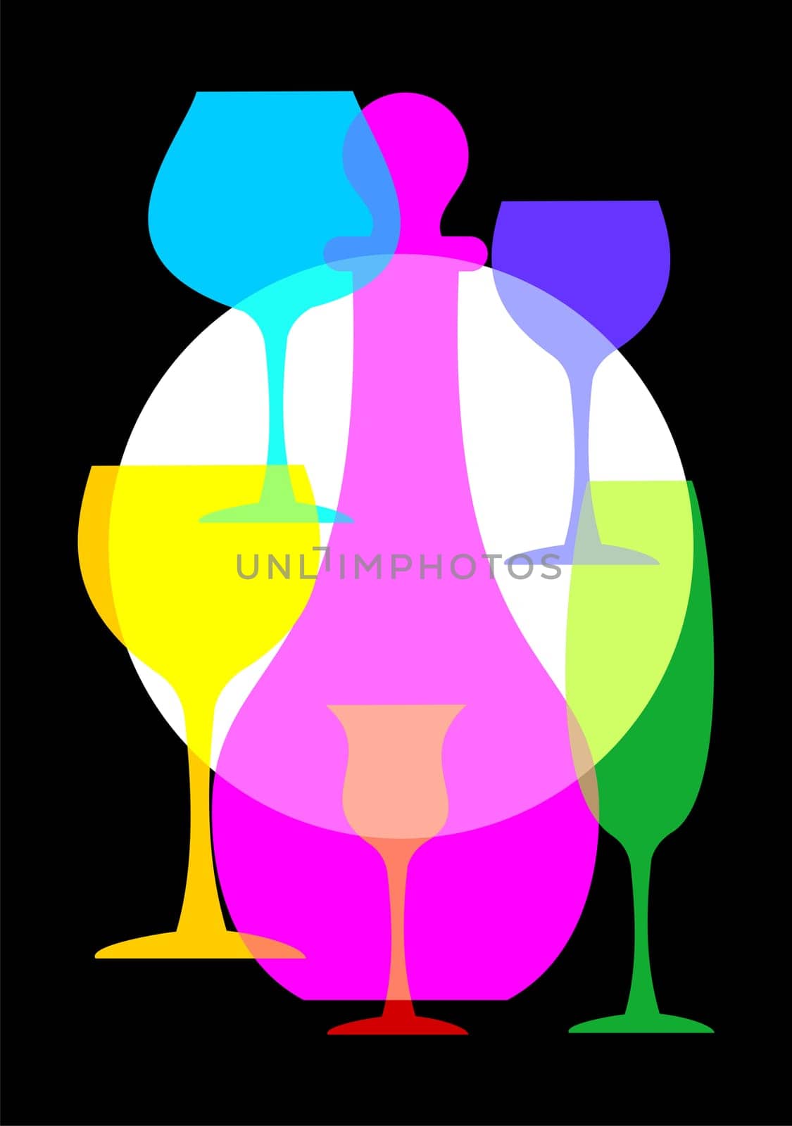 Colorful wine glasses and bottle set on black background