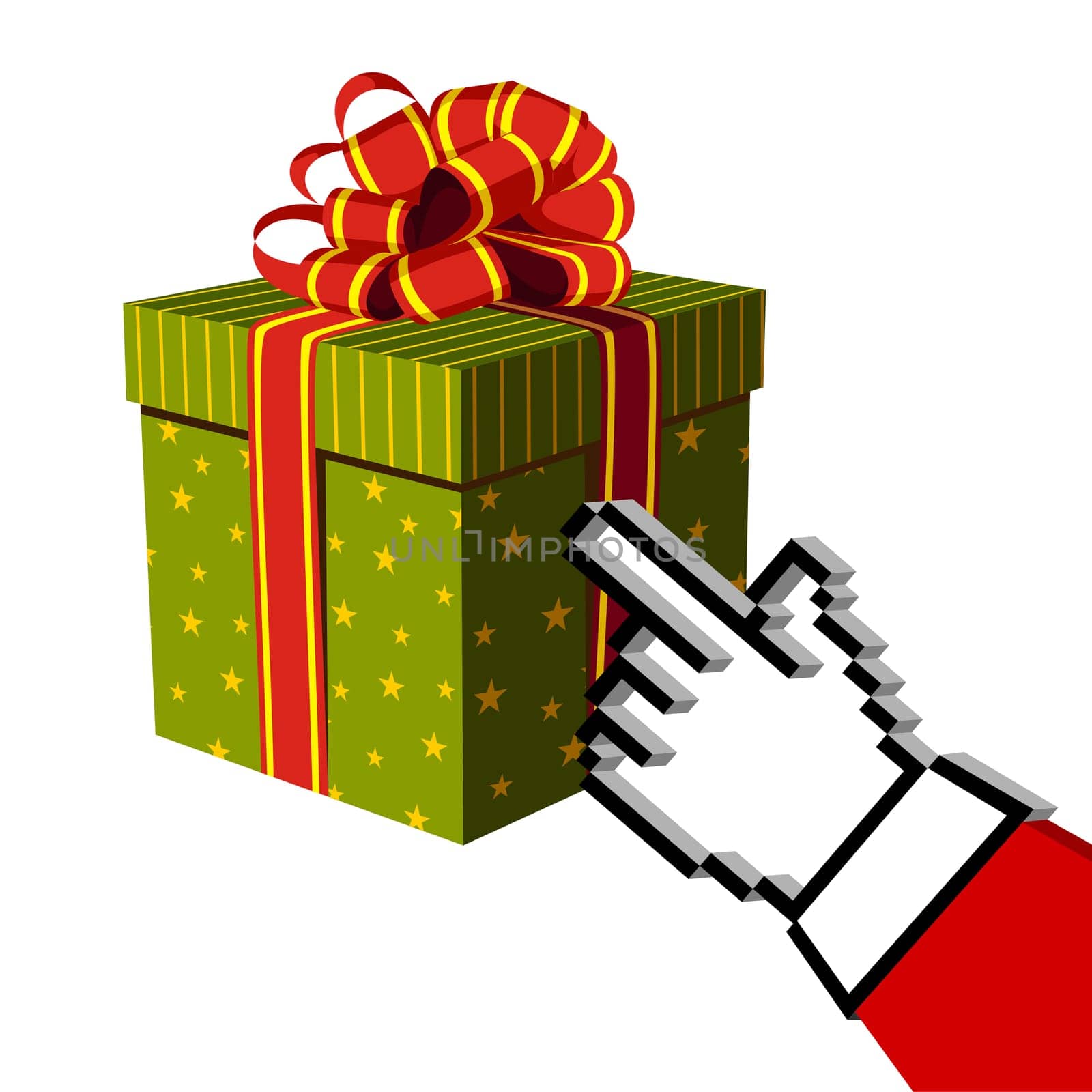 Christmas gift and Santa e-buying with a handcursor. E-commerce concept. White background. Vector illustration