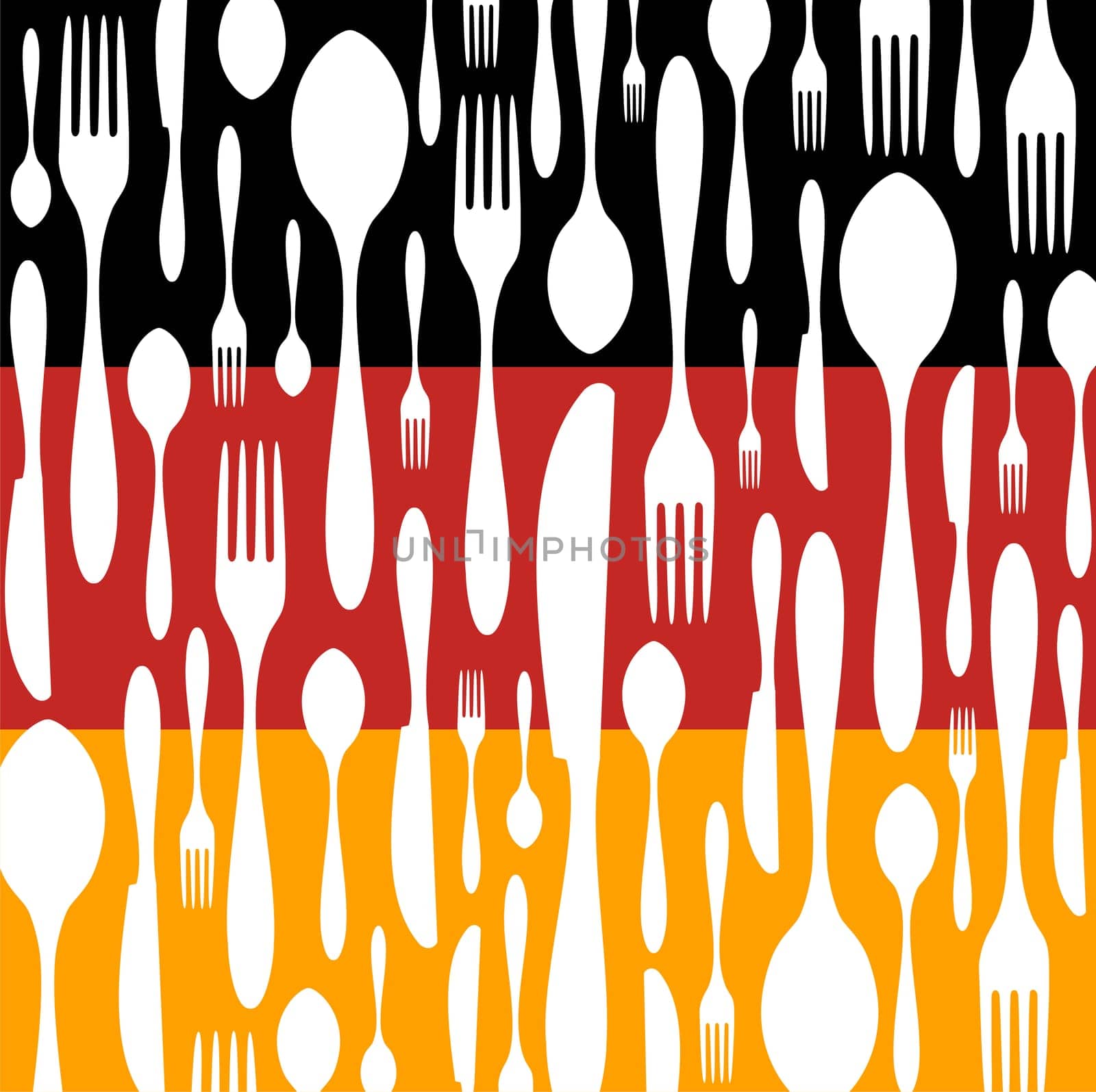 German Cuisine. Cutlery silhouettes: spoon, knife and fork pattern on black, red and yellow wide striped background as an icon of the country flag. Vector available