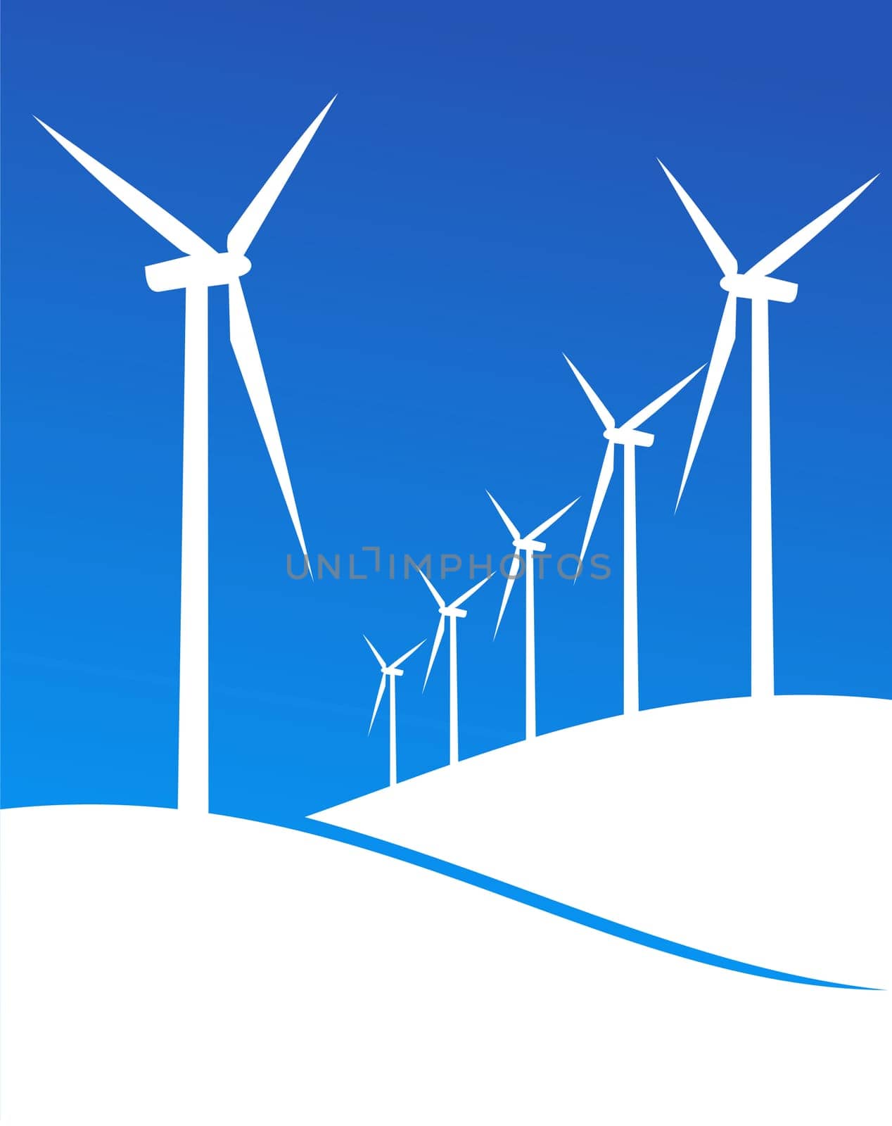 Group of Windmills white silhouettes on blue background. Vector available.