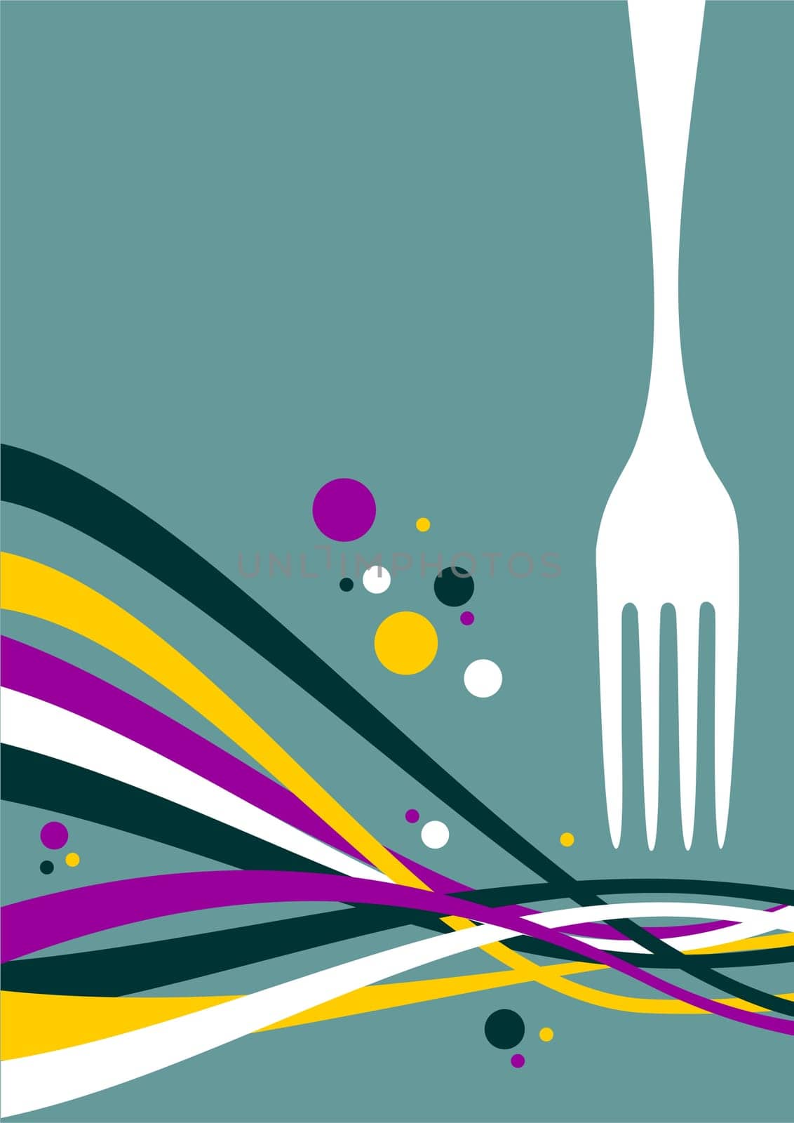 Fork with multicolored waves on light blue background. Food, restaurant, menu design with cutlery and waves background. Vector available