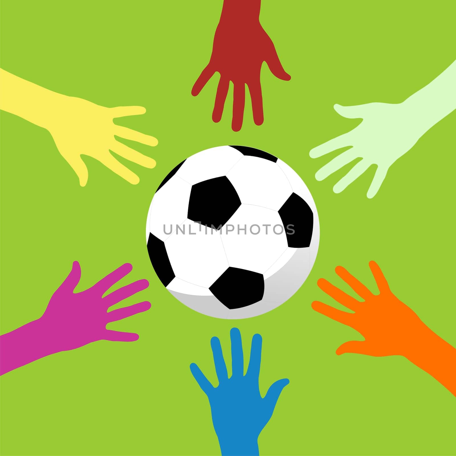 Multicolor hands trying to catch a soccer ball on apple green background
