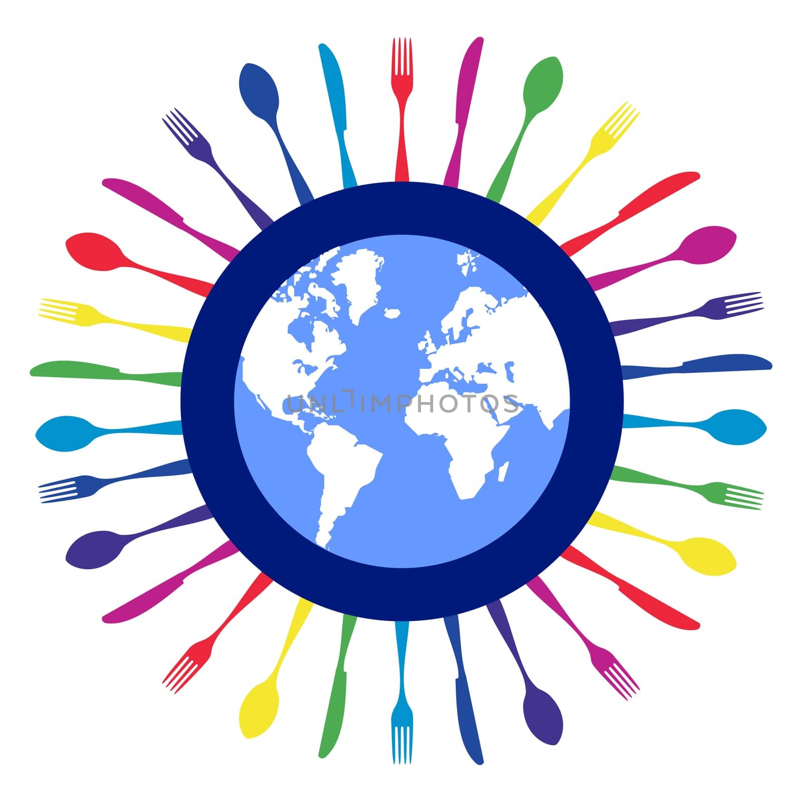 Cutlery icons. Colorful cutlery silhouettes around Earth planet on white background. Vector available.