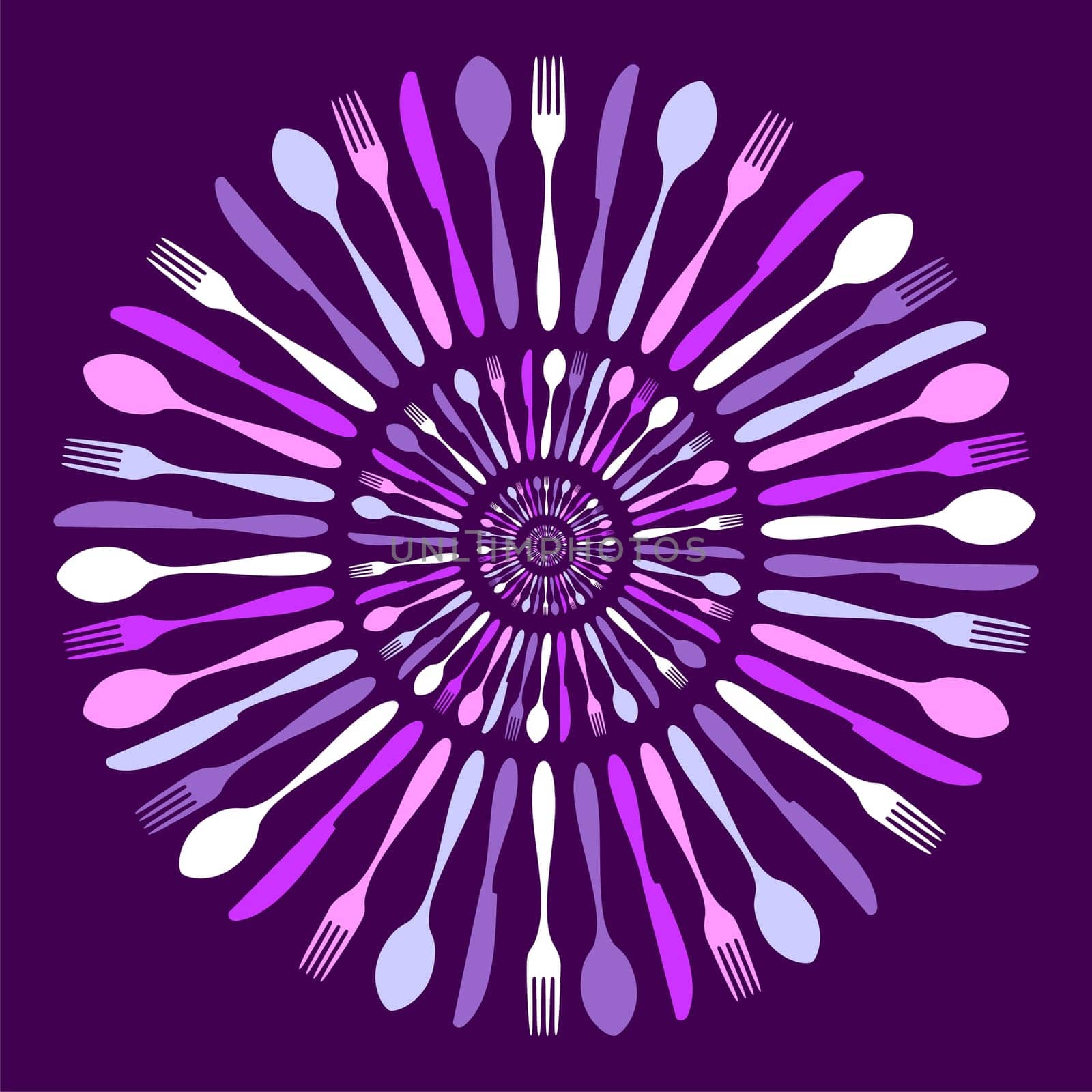 Cutlery icons. Cutlery silhouettes circled pattern on violet background. Vector available.