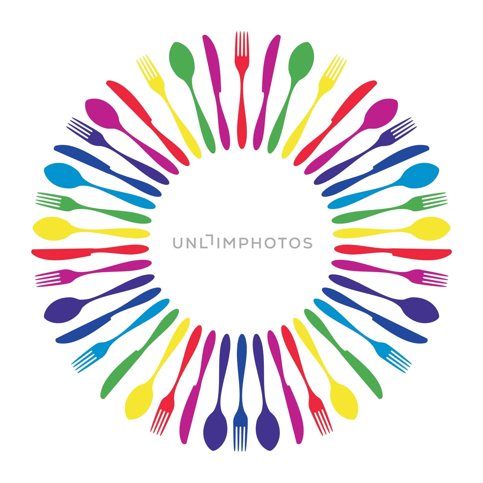 Cutlery icons. Colorful cutlery silhouettes in circle on white background. Vector available.