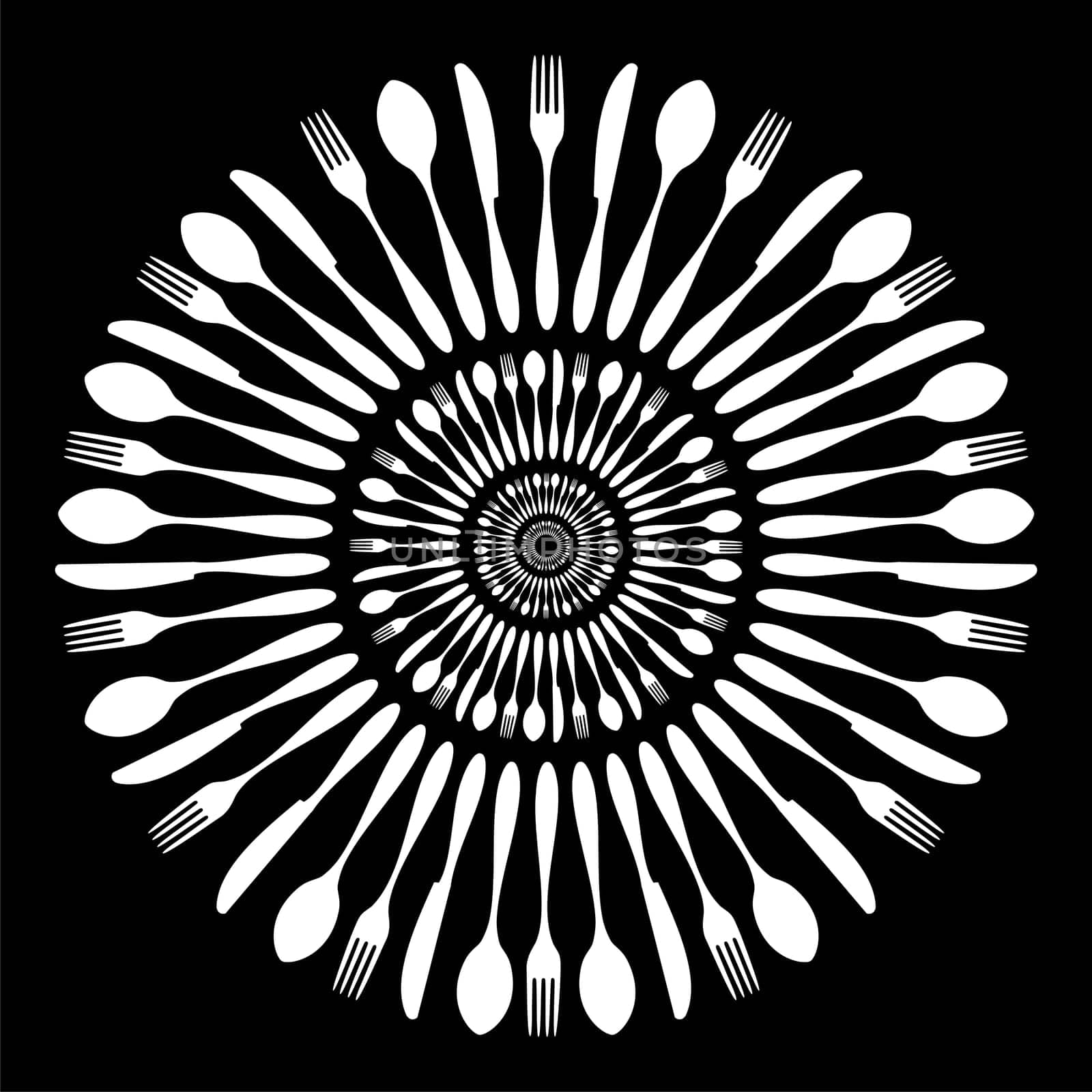 Cutlery icons. White cutlery silhouettes in circle on black background. Vector available