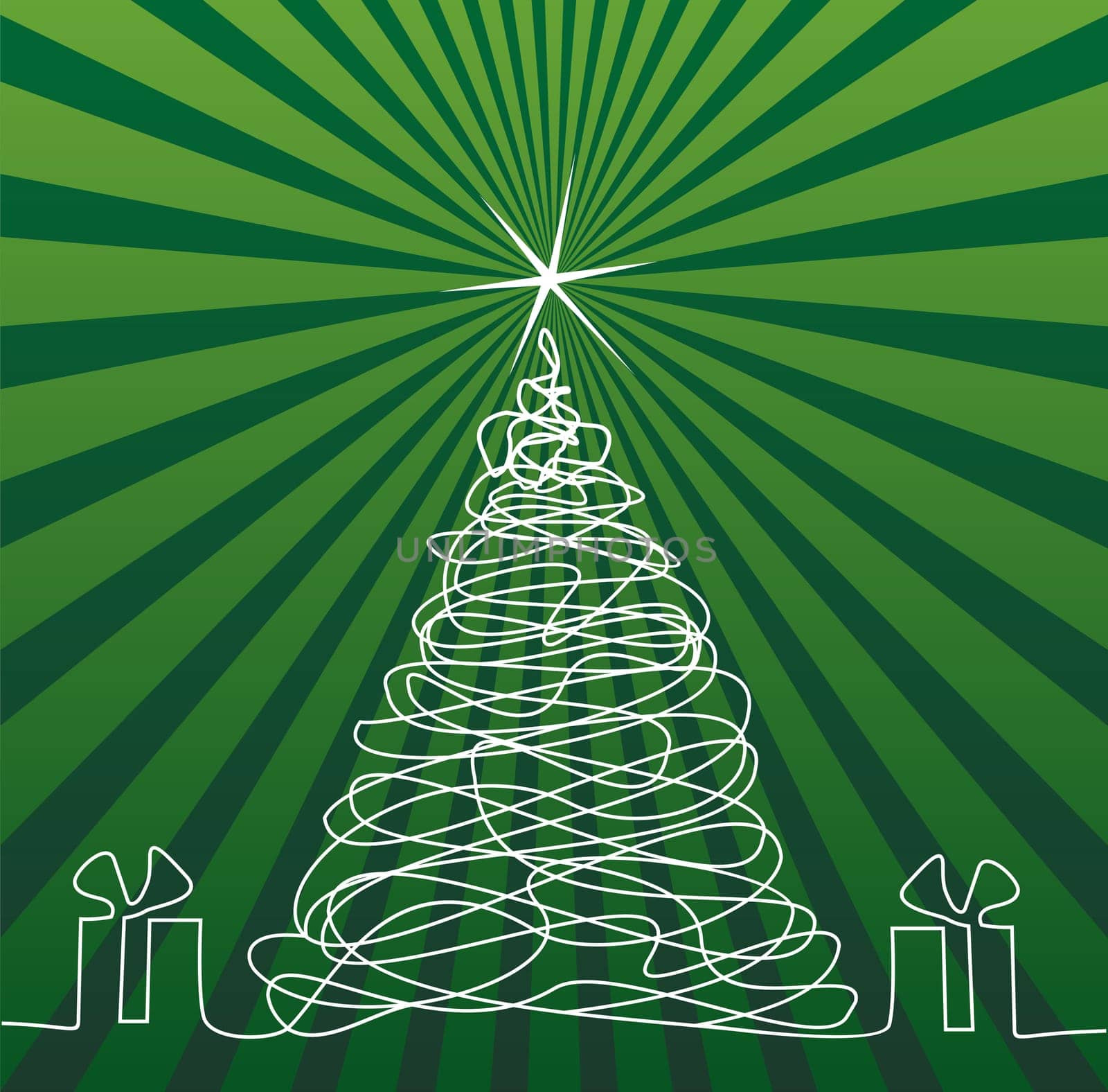 White outline drawing Christmas tree and gifts. Shiny star on top. Sriped green background. Vector available