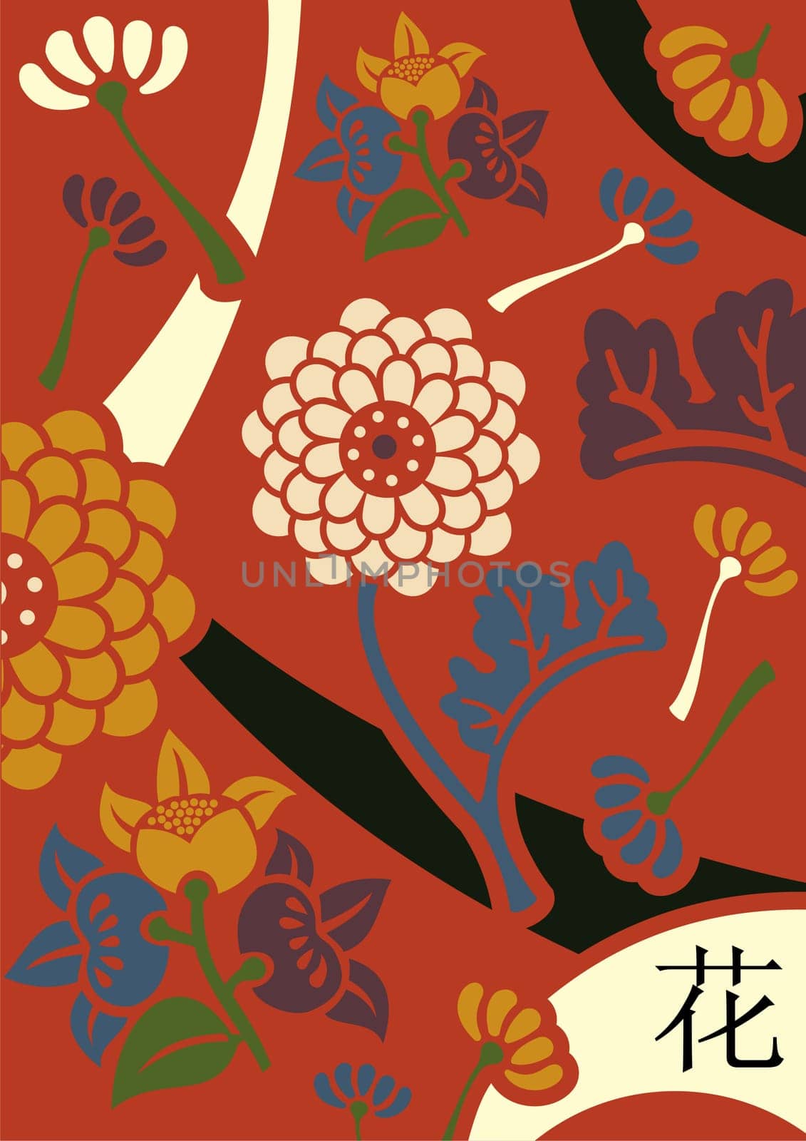 Orient flowers in retro colors palette over red background.