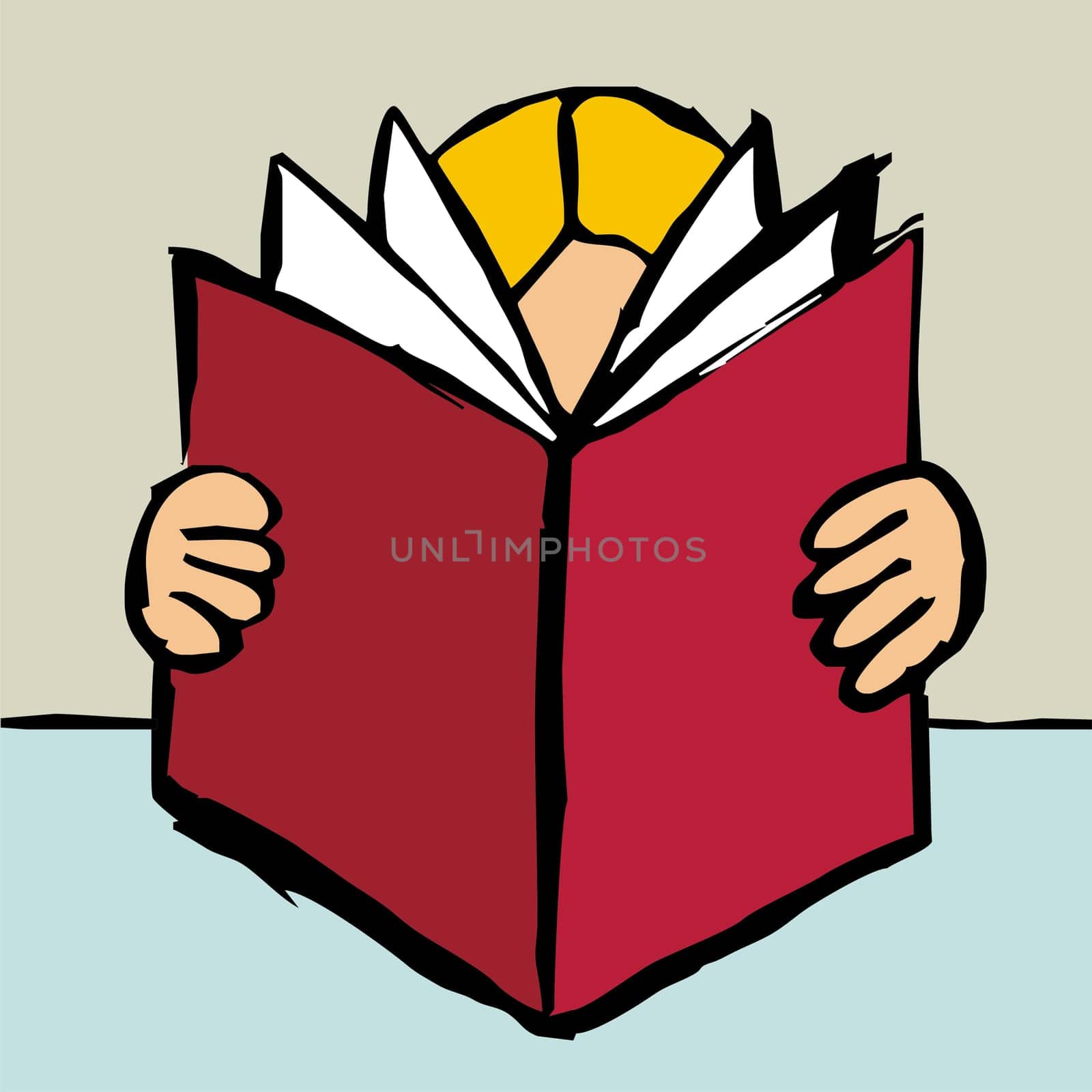 Cartoon style drawing of one blonde person reading a big red book. Vector file available.
