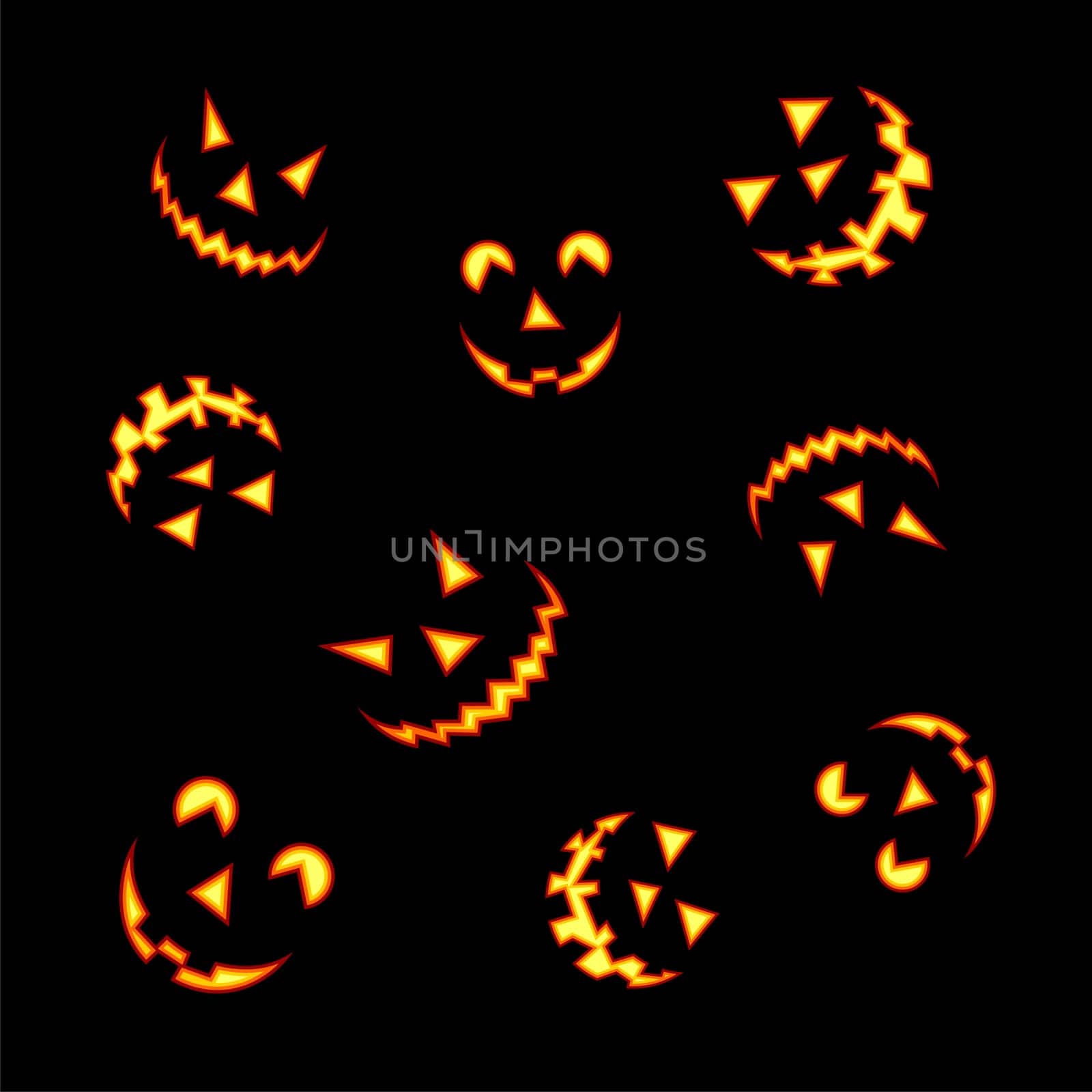 Halloween pumpkin faces lit brightly on black background