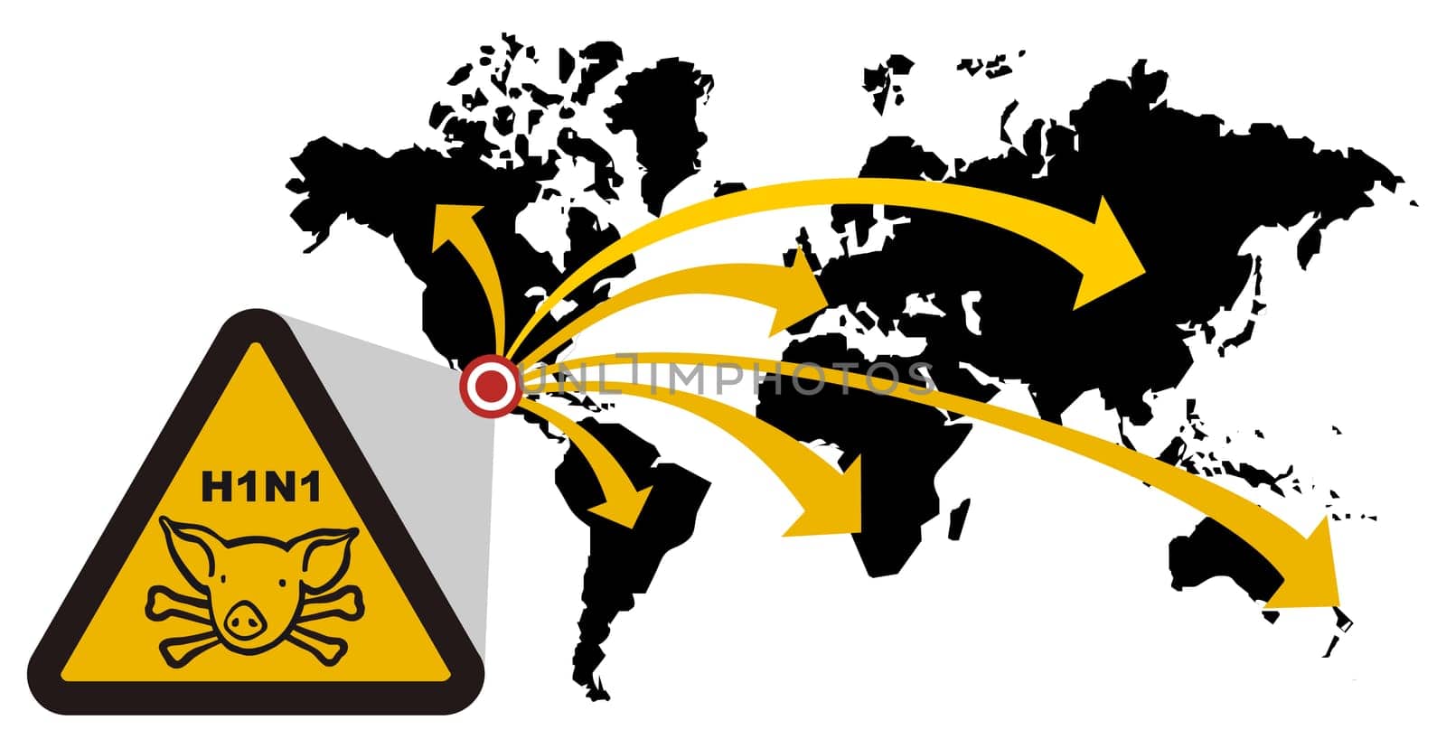 Warning sign of swine flu that extends from Mexico to the world. Vector available