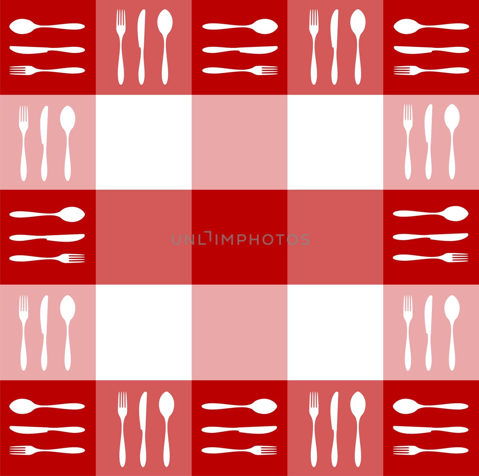 Food, restaurant, menu design with cutlery silhouettes pattern on red tablecloth texture. Vector available
