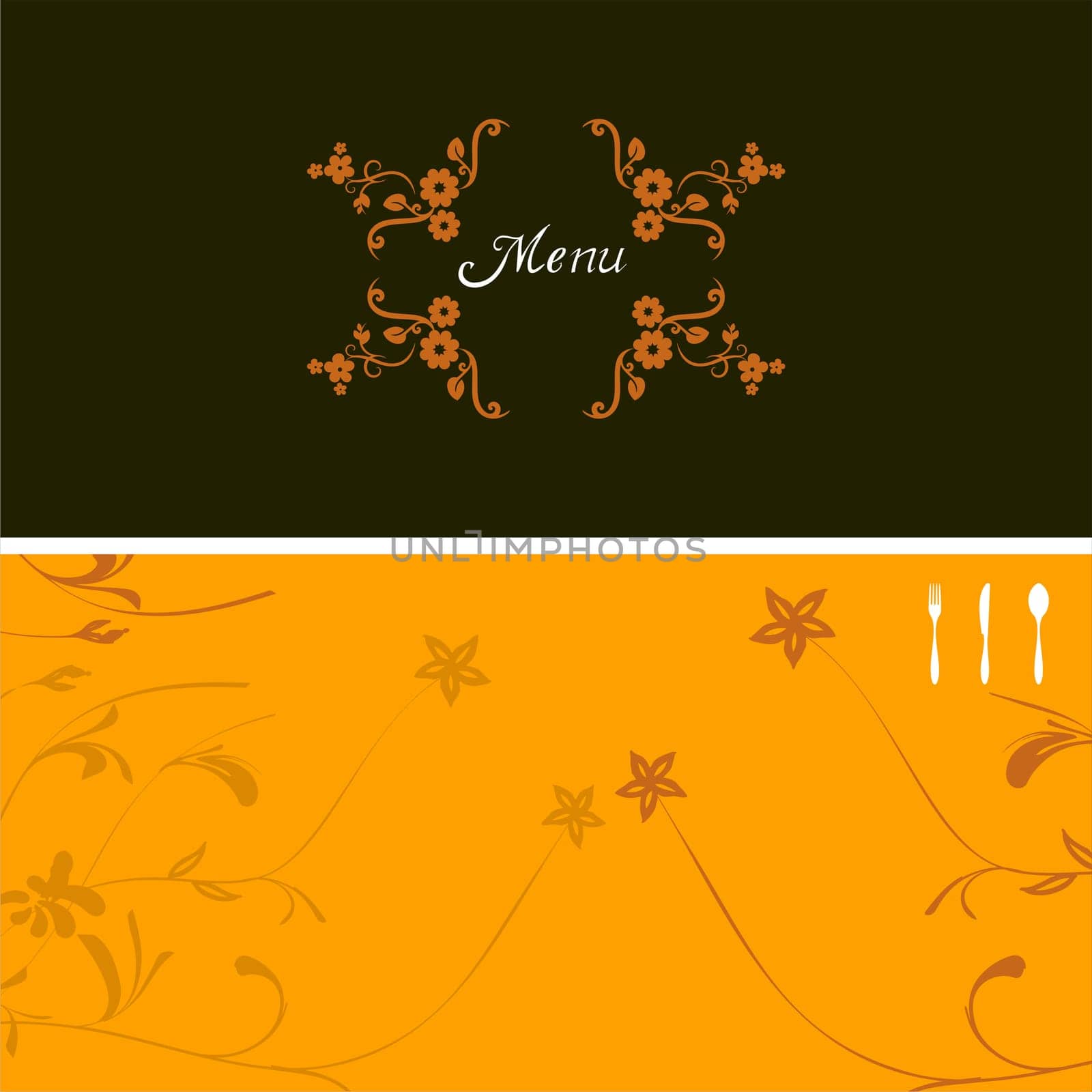 illustration on green and yellow background for food industry, menu, cover, with vector flowering ornate