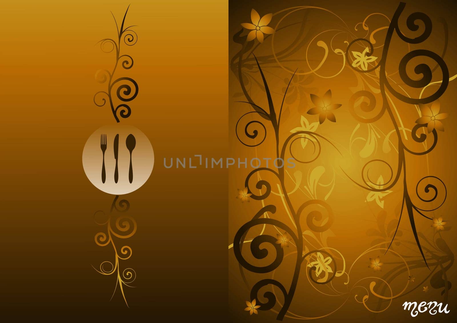 Fork, knife and spoon menu illustration for food industry, chocolate box, cover, label for wine. Gradient golden floral background