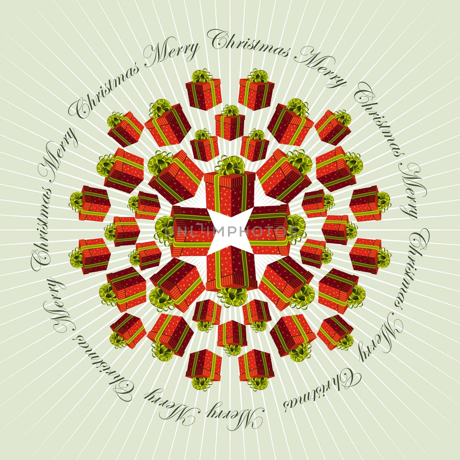 Red gift boxes forming a mandala with a star in the middle. Vector available