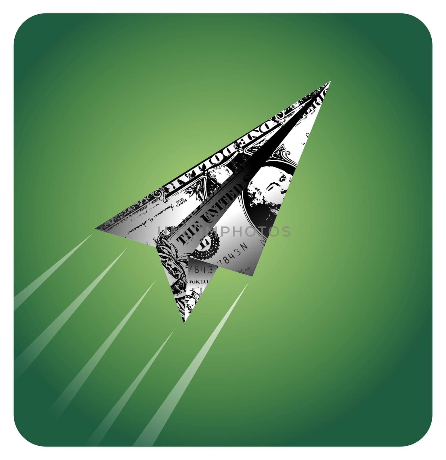 One-dollar bill plane flying away. Vector available