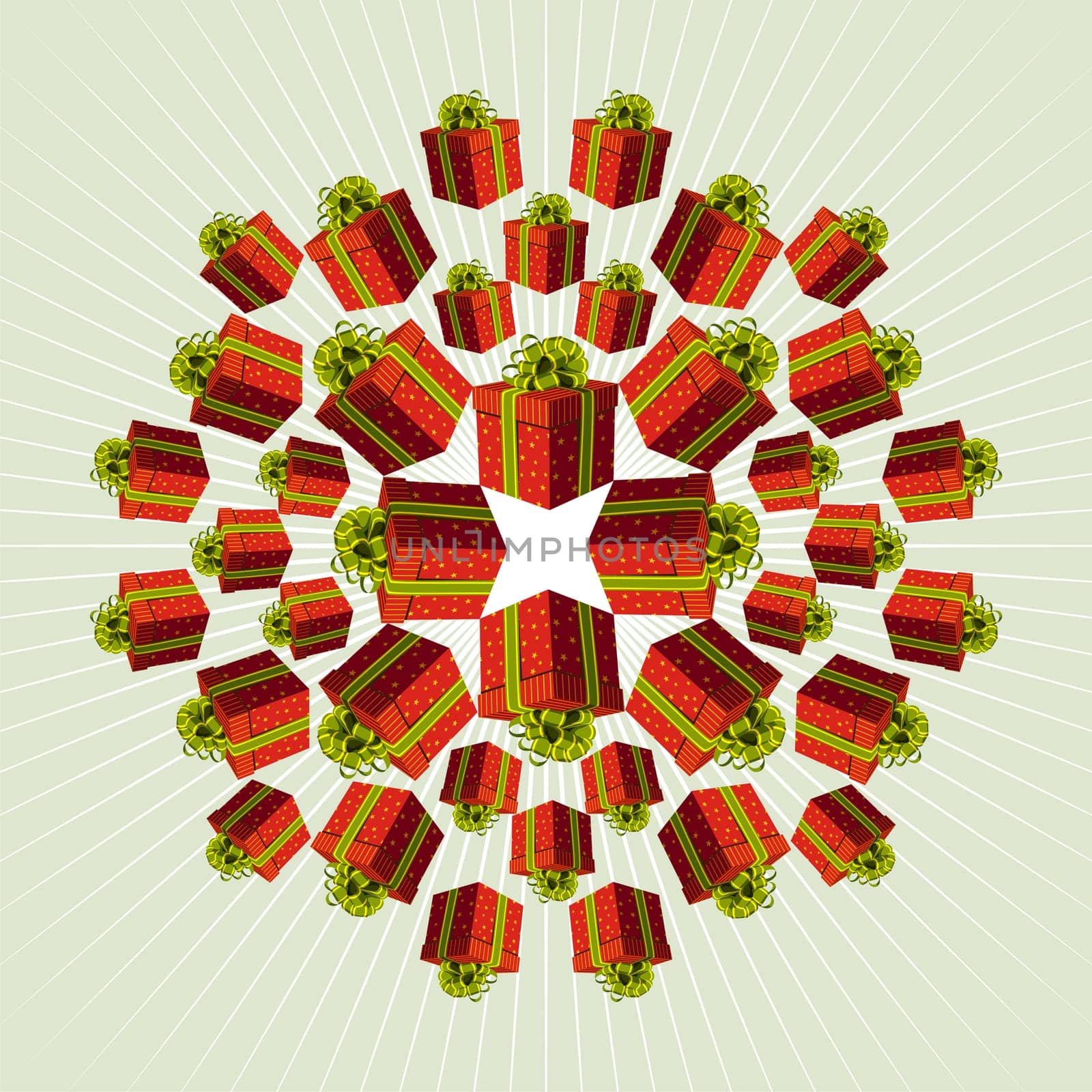 Red gift boxes forming a mandala with a white star in the middle. Vector available