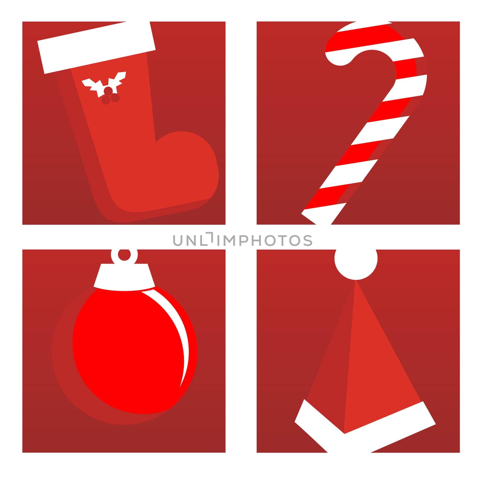 Christmas Icons in Red Background: Santa Claus&#039 s boot, candy bar, xmas tree balloon and hat. Vector illustration